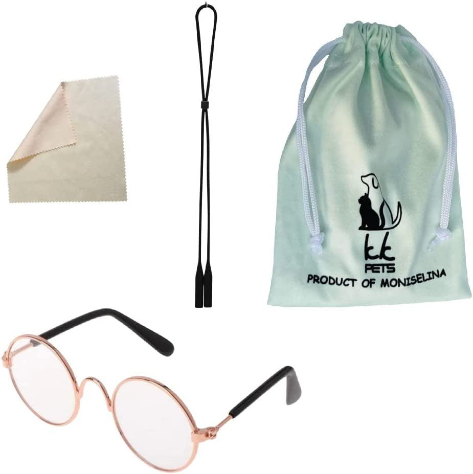 KK Pets 1Pack Classic Gold Frame Retro Circular Metal Pet Sunglass Adjustable Random Letter Strap Pouch Clean Cloth Costume Cute and Funny Pet Kitten Small Dog Sunglasses Dog Goggles Cosplay Puppy Animals & Pet Supplies > Pet Supplies > Dog Supplies > Dog Apparel kk pets