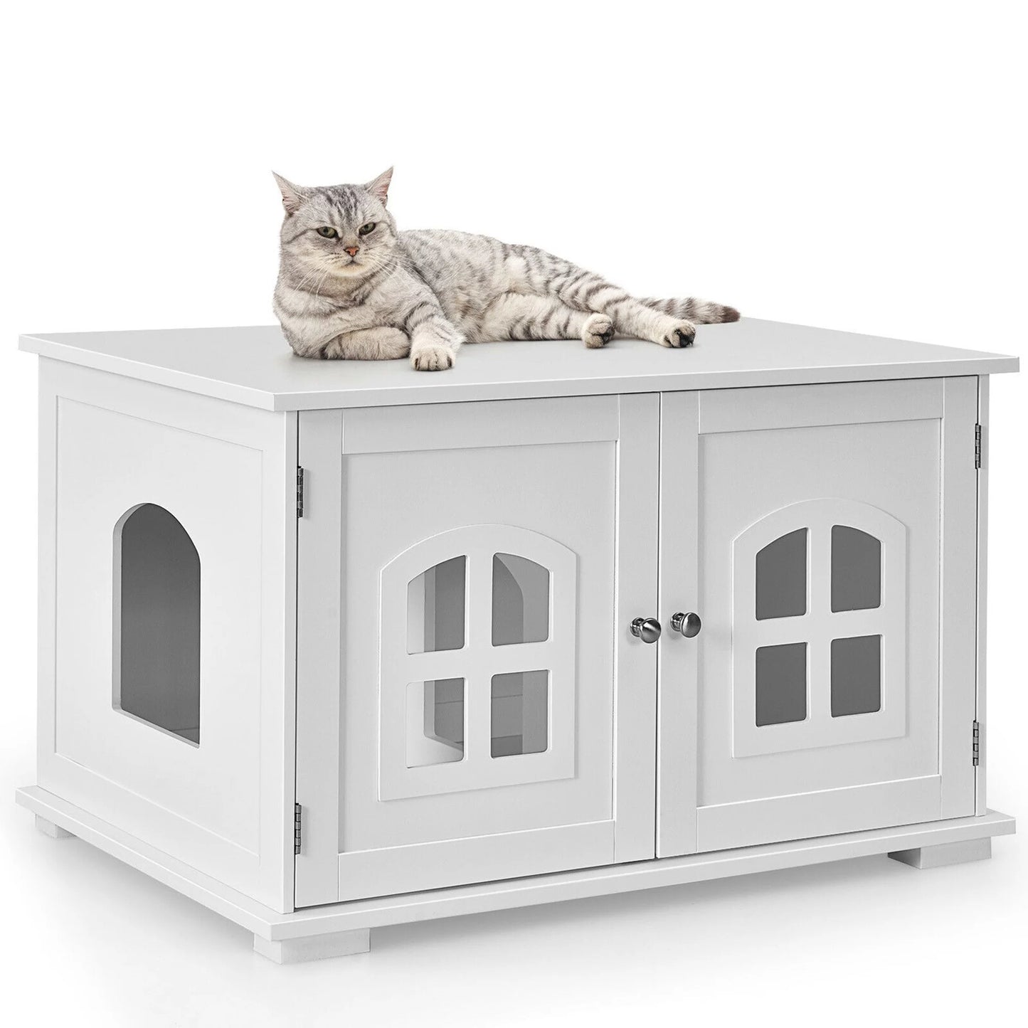 Gymax Large Wooden Cat Litter Box Enclosure Hidden Cat Washroom W/ Divider Coffee Animals & Pet Supplies > Pet Supplies > Cat Supplies > Cat Furniture Gymax White  