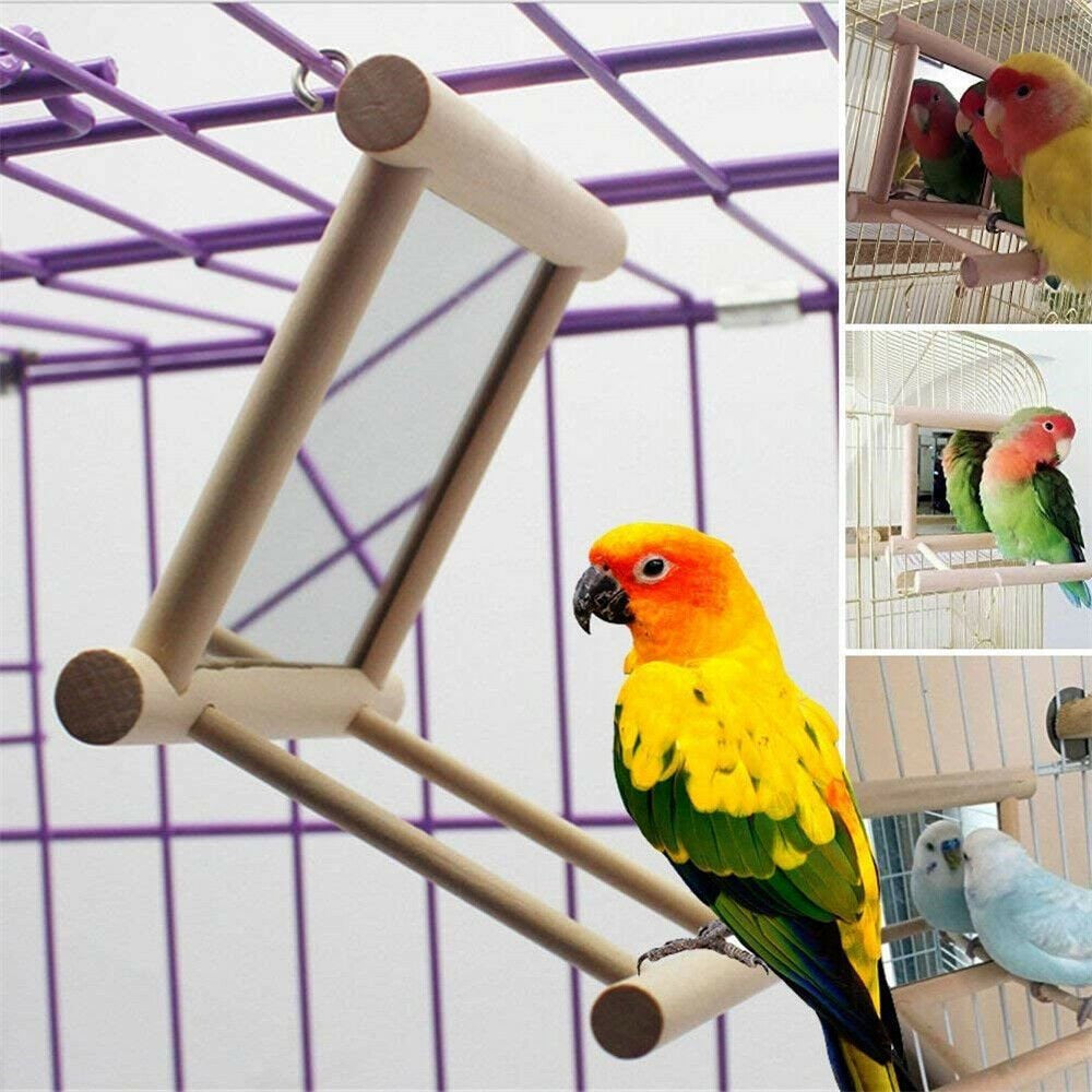 Parrot Swing Toy Wooden Bird Cage Mirror Chewing Toys Pet Bird