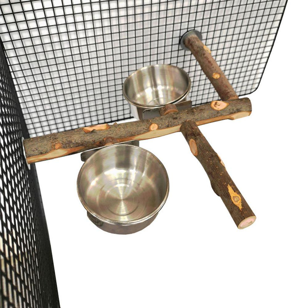 Famure Bird Standing Perch with Bowls Detachable Stainless Steel Bird Feeding Cup Birds Cage Accessories Wooden Bird Stand Feeding Cage Cups for Parakeet Cockatiels Lovebirds Budgie 1Set 2 Qualified Animals & Pet Supplies > Pet Supplies > Bird Supplies > Bird Cage Accessories Famure   