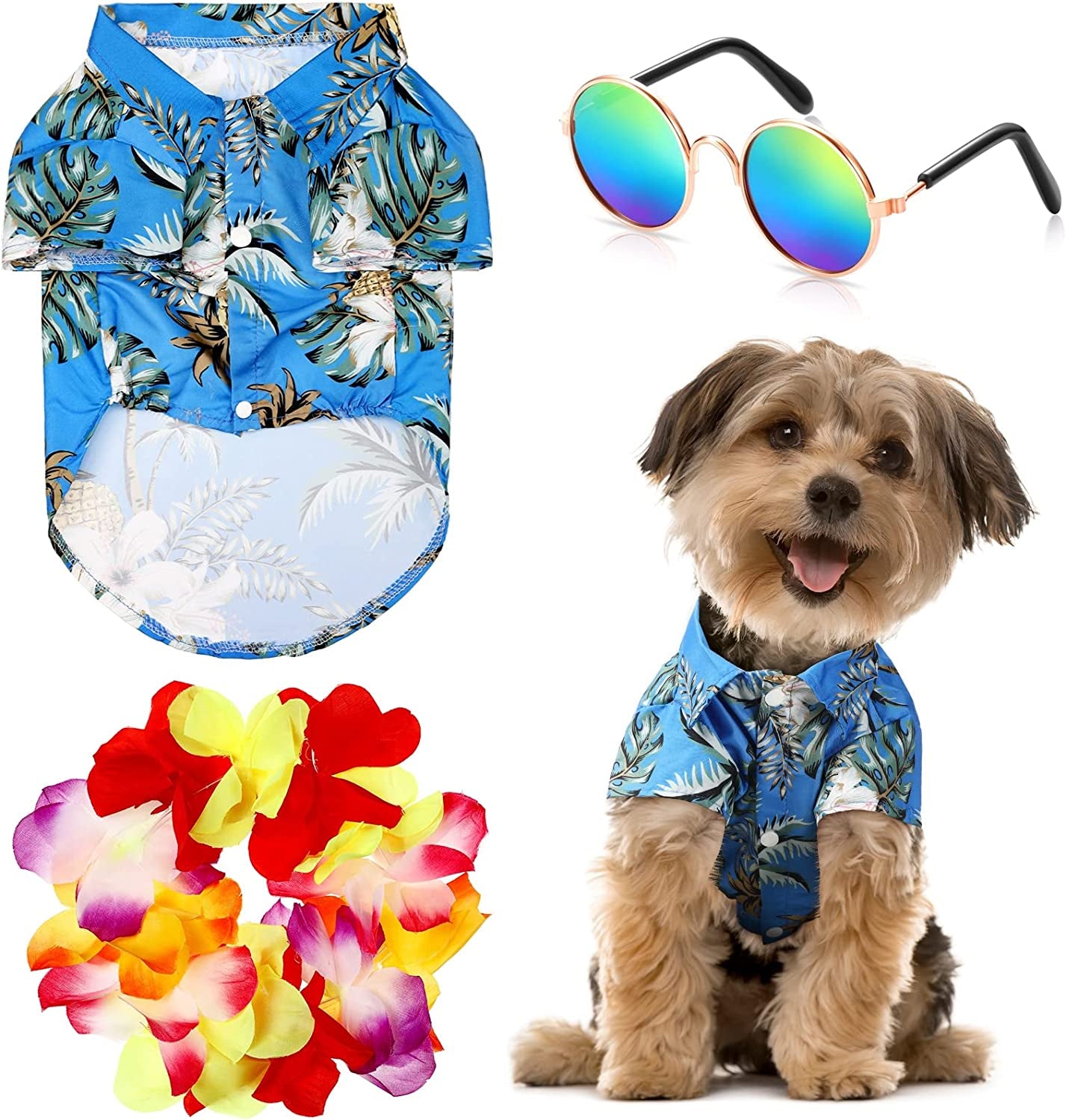 3 Pieces Pet Dog Hawaiian Costume, Includes Puppy Dog'S Cool T-Shirts Summer Clothes, Funny Cute Dog Retro Fashion Sunglasses and a Colorful Wreath for Small to Medium Dog (Green Series) Animals & Pet Supplies > Pet Supplies > Dog Supplies > Dog Apparel Geyoga Blue Series