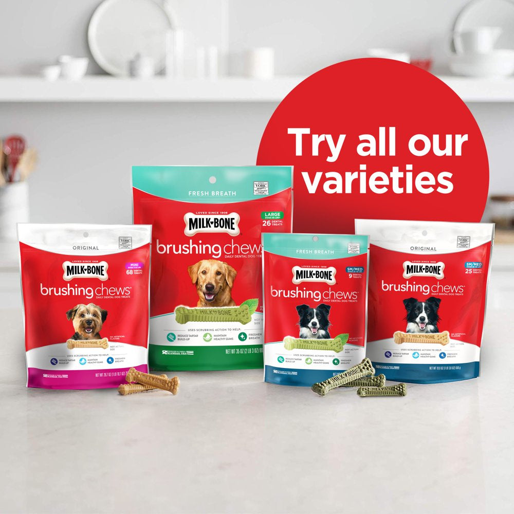 Milk-Bone Brushing Chews Daily Dental Dog Treats, Mini, 7.1 Oz., 18 Bones per Bag Animals & Pet Supplies > Pet Supplies > Dog Supplies > Dog Treats The J.M. Smucker Company