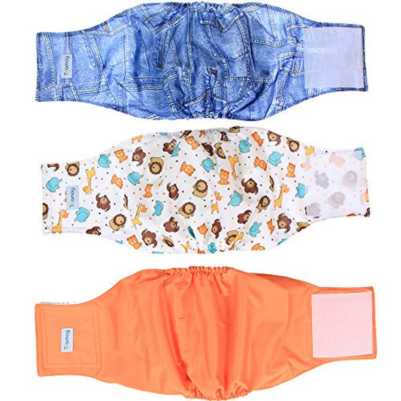 Teamoy Reusable Wrap Diapers for Male Dogs, Washable Puppy Belly Band Pack of 3 (XL, 25"-29" Waist, Orange+ Denim+ Fat Smile) Animals & Pet Supplies > Pet Supplies > Dog Supplies > Dog Diaper Pads & Liners Damero INC