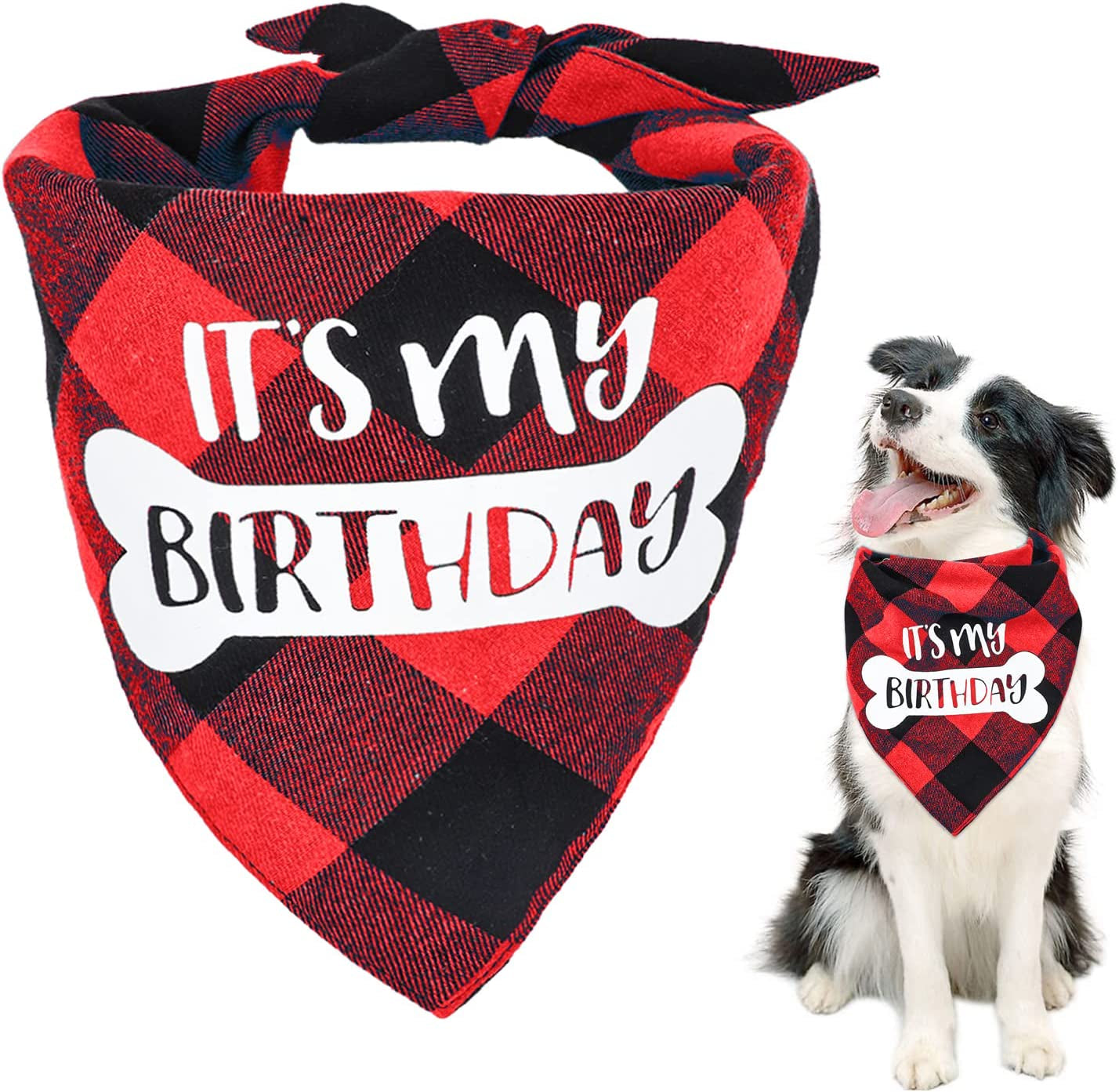 VIPITH Double Sided Cotton Dog Birthday Bandana Girl Boy, Washable Reversible Plaid Painting Dog Scarf Bibs for Small Medium Large Unisex Dogs Cats Pets Animals & Pet Supplies > Pet Supplies > Dog Supplies > Dog Apparel VIPITH Bright Red