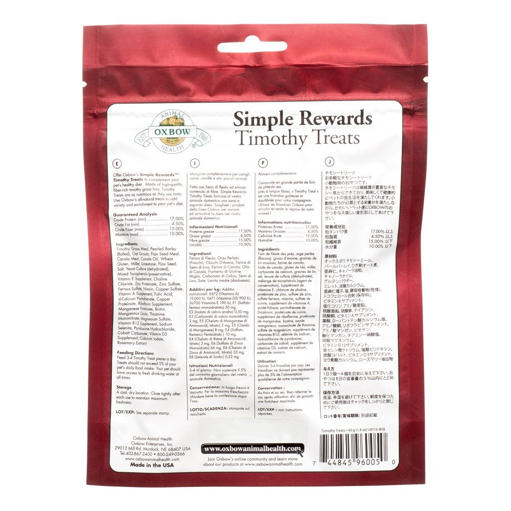 Oxbow Simple Rewards Small Animal Treats, Timothy Treats, 1.4 Oz. Animals & Pet Supplies > Pet Supplies > Small Animal Supplies > Small Animal Food Oxbow Animal Health