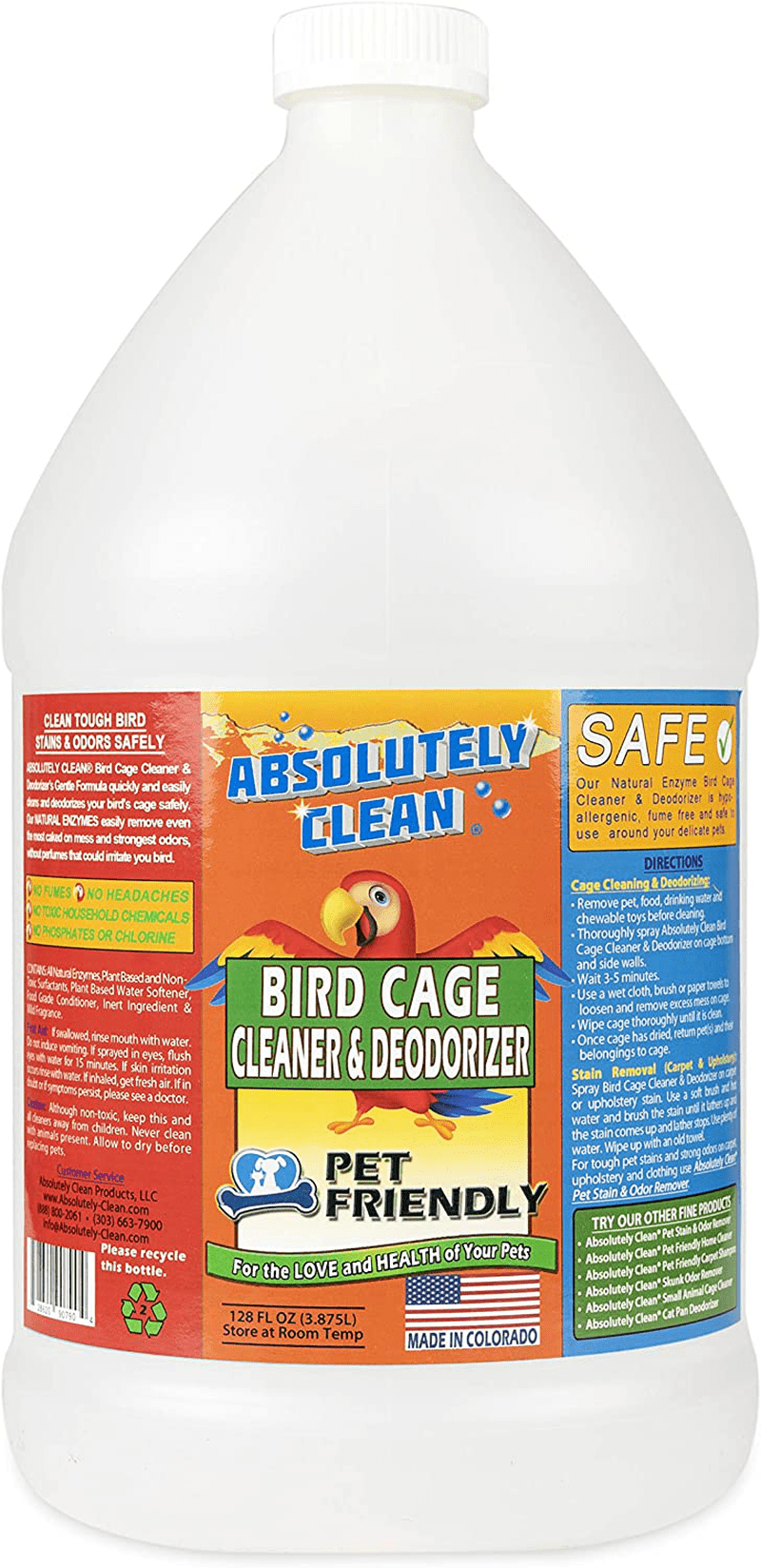 Absolutely Clean Amazing Bird Cage Cleaner and Deodorizer - Just Spray/Wipe - Safely & Easily Removes Bird Messes Quickly and Easily - Made in the USA Animals & Pet Supplies > Pet Supplies > Bird Supplies > Bird Treats Absolutely Clean 128 oz Gallon