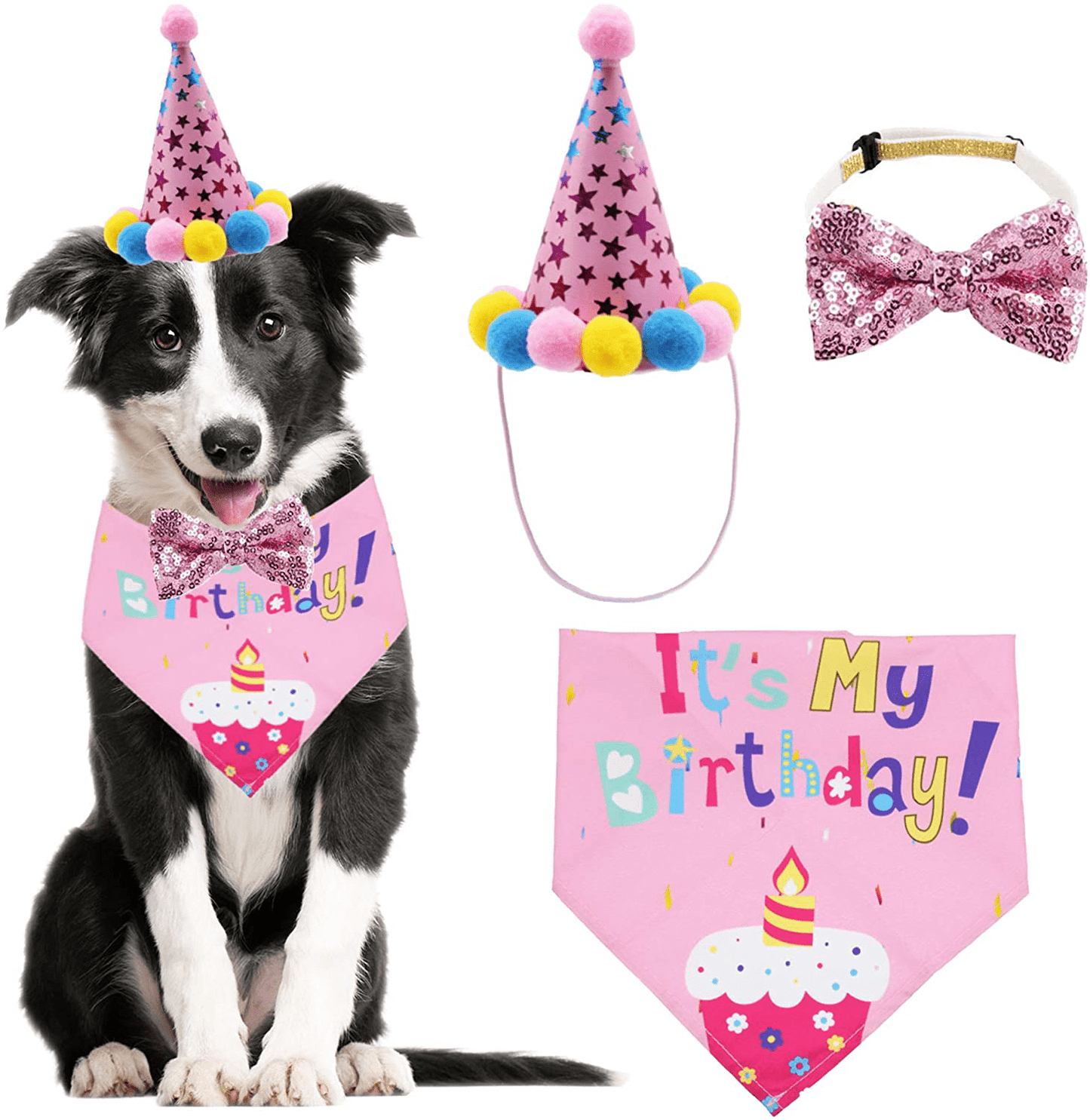 ADOGGYGO Dog Birthday Bandana Scarf and Dog Girl Boy Birthday Party Hat with Cute Dog Bow Tie Collar for Small Medium Dog Pet Animals & Pet Supplies > Pet Supplies > Dog Supplies > Dog Apparel ADOGGYGO Pink