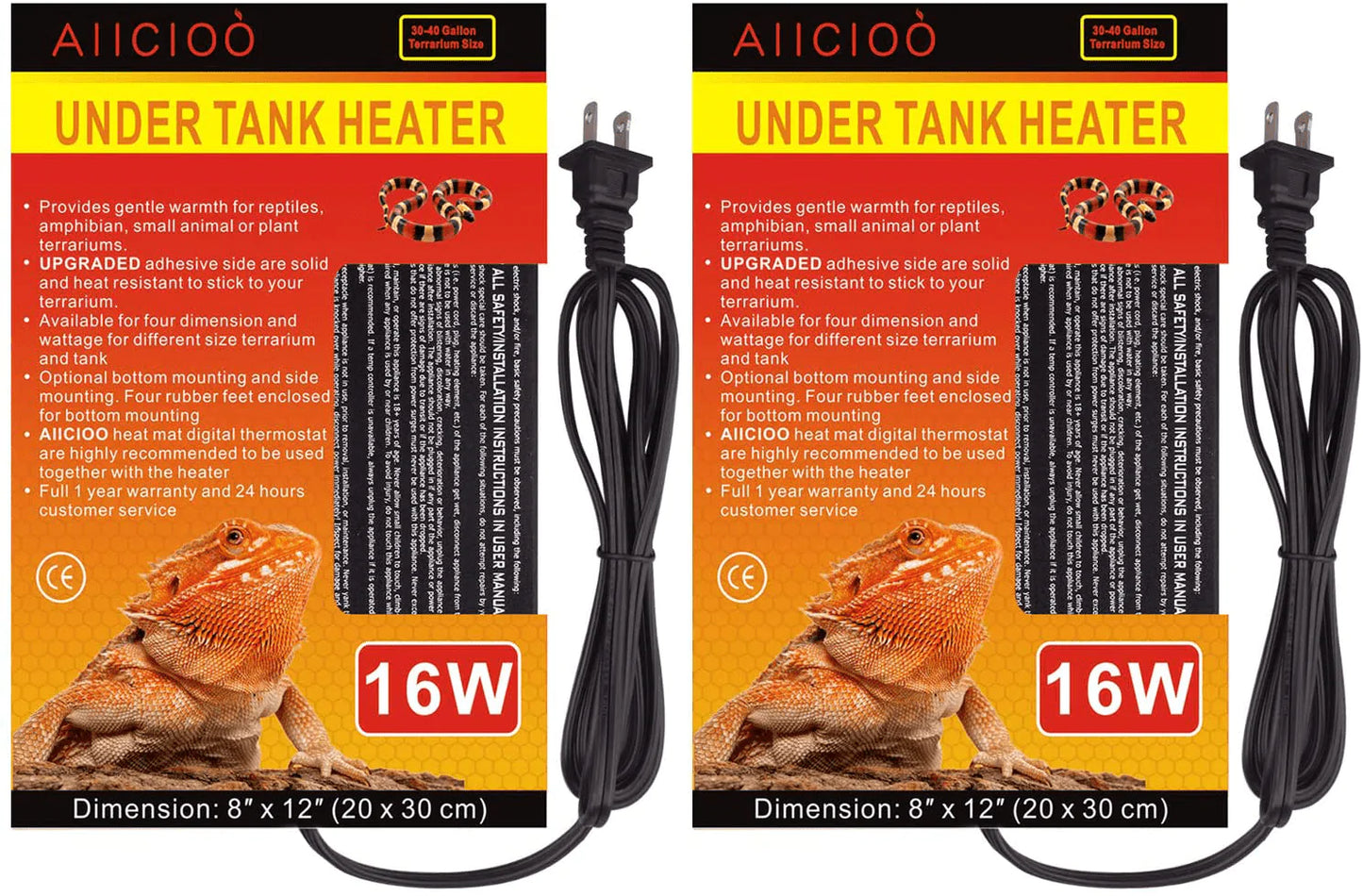 Aiicioo Reptile Heating Pad - Hermit Crab Heater Heat Mat for Reptiles Snake Lizard Terrarium Animals & Pet Supplies > Pet Supplies > Reptile & Amphibian Supplies > Reptile & Amphibian Habitat Heating & Lighting Aiicioo 16W - 8X12Inch(2Pack)