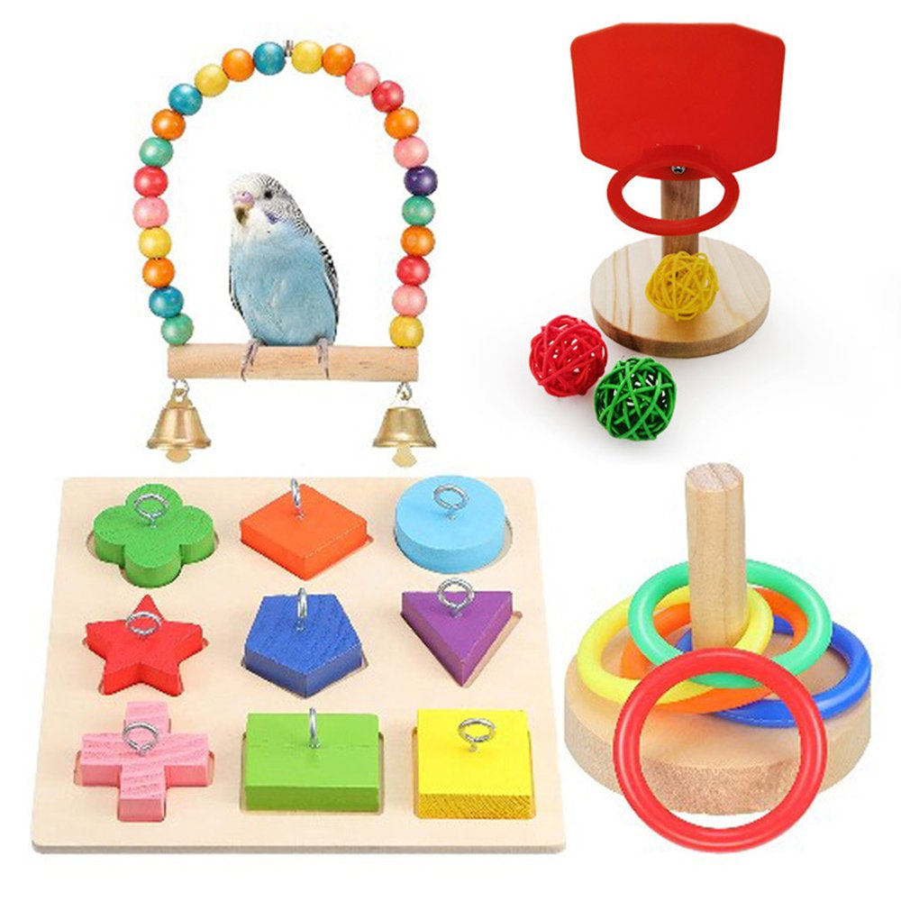 Hemousy Parrot Toy 4-Piece Set - Bird Toys Basketball & Swing Toys, Puzzle Stacking Ring Toys, Suitable for Small Parakeets Cockatiels, Conures, Macaws, Parrots, Love Birds, Finches Game Toys Animals & Pet Supplies > Pet Supplies > Bird Supplies > Bird Toys Hemousy