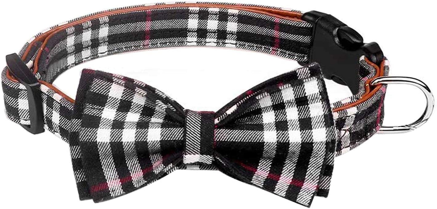 LYSA Dog and Cat Collars ,Detachable Adjustable Bow Tie Collar, British Style Plaid Bowtie--Quality PU Leather and Durable Polyester--Plastic Buckle Light (M, Greenplaid) Animals & Pet Supplies > Pet Supplies > Dog Supplies > Dog Apparel LYSA Black&Gray Plaid S