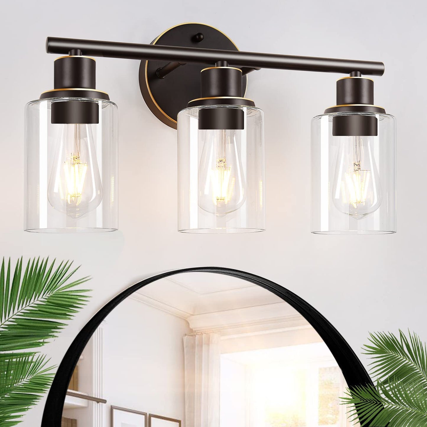 3-Light Bathroom Light Fixtures, Black Bathroom Wall Lights, Modern Bathroom Vanity Light with Clear Glass Shade, Bathroom Wall Lamp for Mirror Kitchen Bedroom Living Room Hallway Cabinet Porch Animals & Pet Supplies > Pet Supplies > Dog Supplies > Dog Apparel Zarbitta Brown and Gold