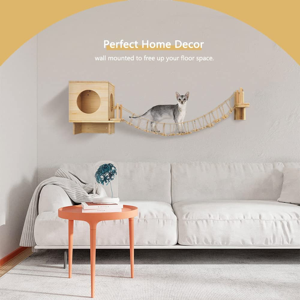 Cat Wall Shelves and Condos for Indoors Cats,Cat Wall Furniture with Solid Wood Climbling Bridge and House for Kitten/Medium Cats to Play and Rest Animals & Pet Supplies > Pet Supplies > Cat Supplies > Cat Furniture BreeRainz