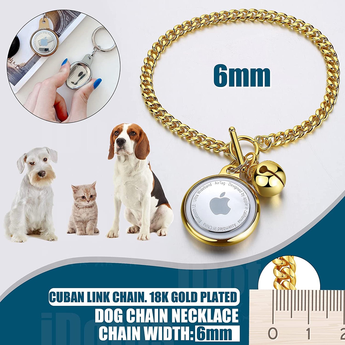 Idofas Airtag Dog Collar Holder Dog Airtag Holder Cuban Link Dog Chain 6Mm Gold Dog Chain with Bell,Dog Tag & Airtag Dog Collar Holder Stainless Steel Metal Necklace for Puppy Small Medium Dogs(10") Electronics > GPS Accessories > GPS Cases iDofas