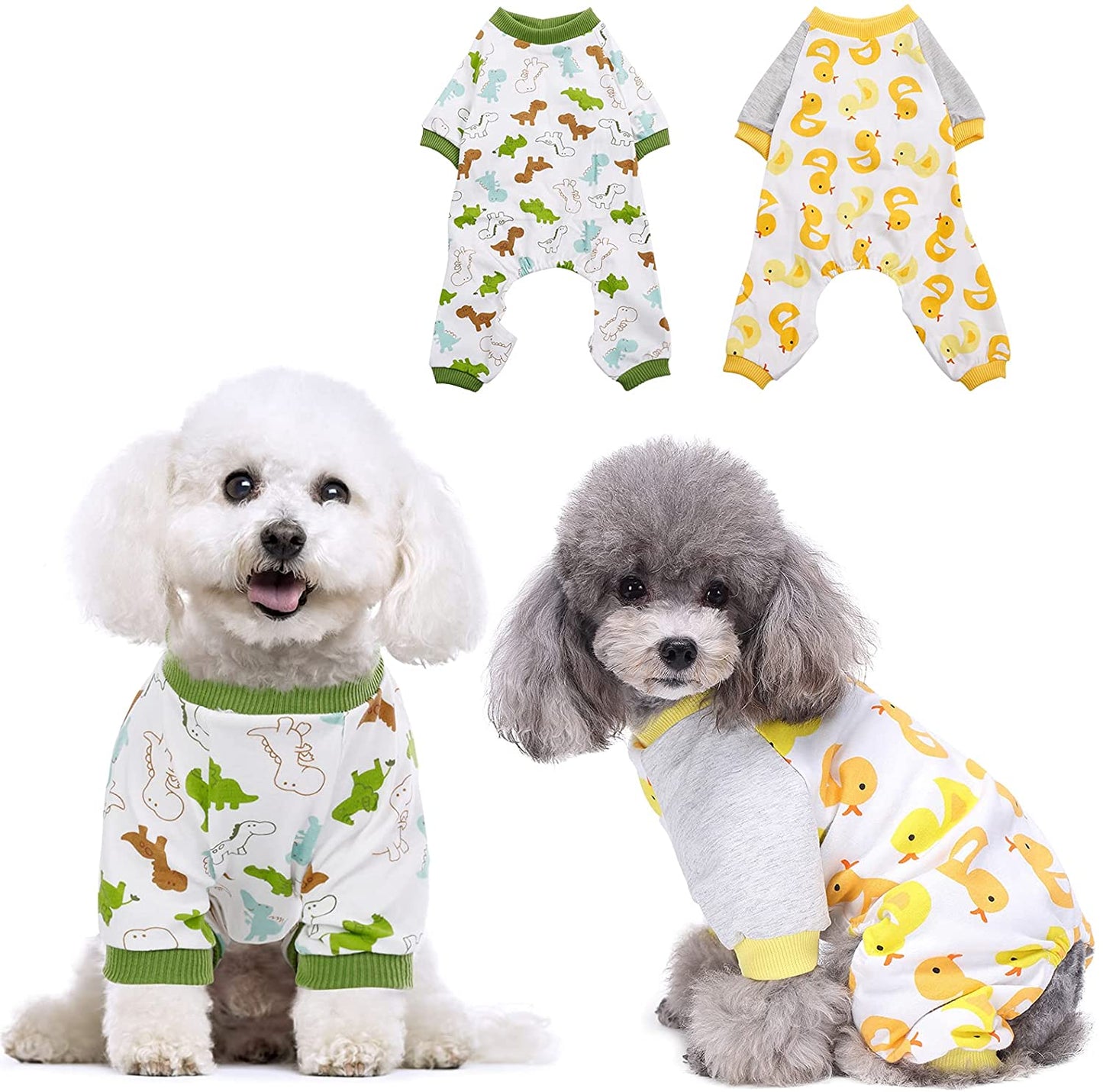 KOESON 2 Pack Cotton Dog Pajamas, Cozy Stretchy Cat Onesie Pet Jumpsuit Clothes with Cute Fruit/Animal Pattern, Soft Breathable Puppy Rompers Bodysuit Shirts for Small Medium Dogs Cats Animals & Pet Supplies > Pet Supplies > Dog Supplies > Dog Apparel KOESON Duck & Dinosaur X-Large