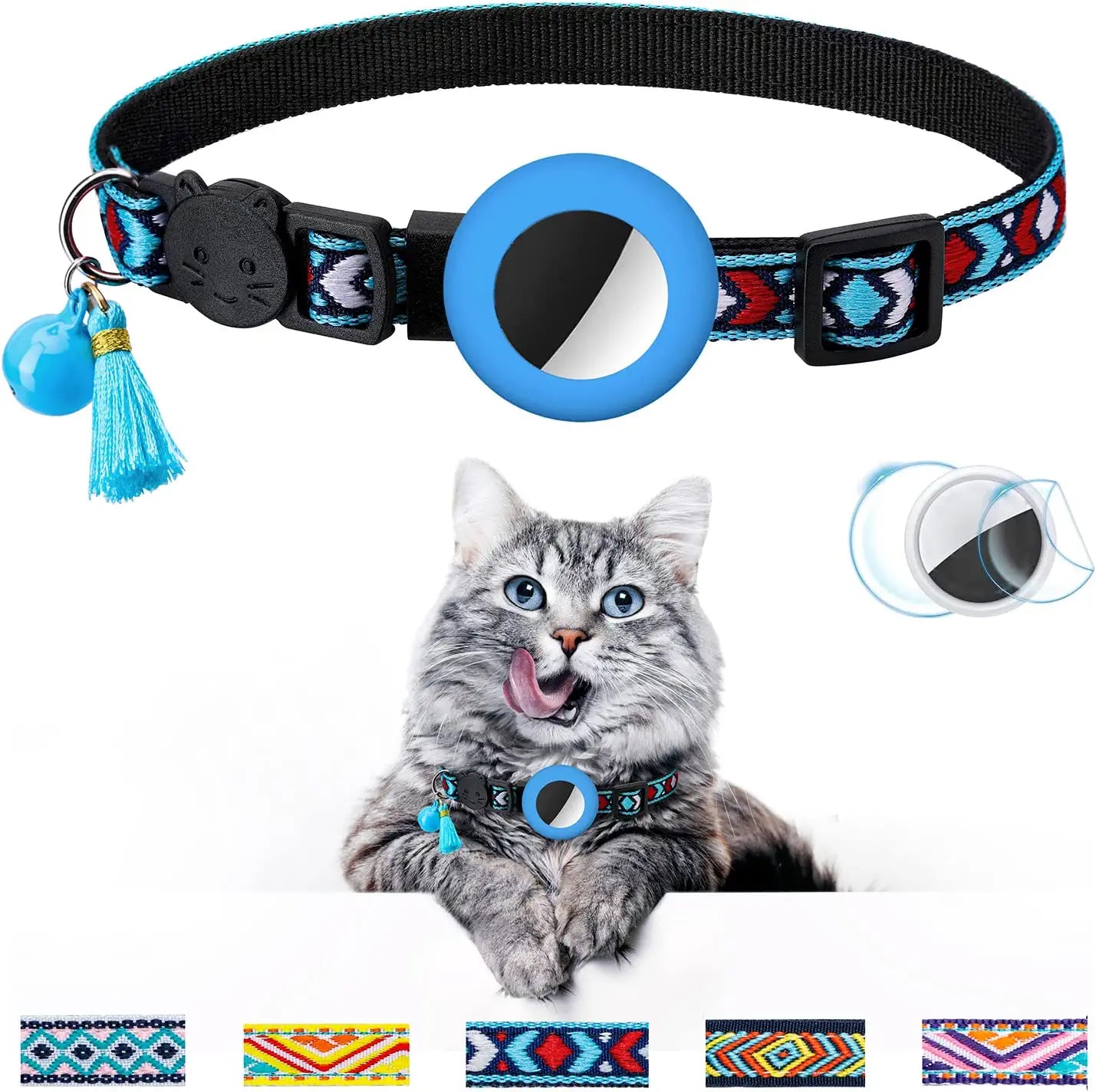 Airtag Cat Collar with Bell Adjustable Breakaway Kitten Collars:- Safety Buckle and Silicone Air Tag Holder Case Compatible with Apple Airtag Geometric Pattern Pet Collar Electronics > GPS Accessories > GPS Cases OEBEESA blue