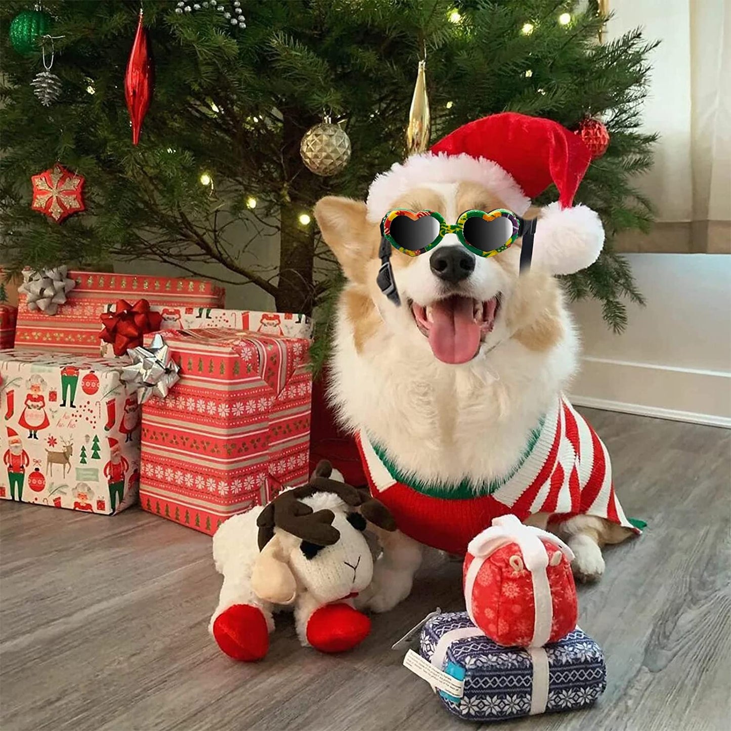 Dog Goggles, Christmas Small Dog Sunglasses, UV Protection Goggles with Adjustable Strap, Doggy Heart Shape Windproof Anti-Fog Pet Glasses for Puppy Eyes Wear Protective (Christmas-Green) Animals & Pet Supplies > Pet Supplies > Dog Supplies > Dog Apparel 8965232151