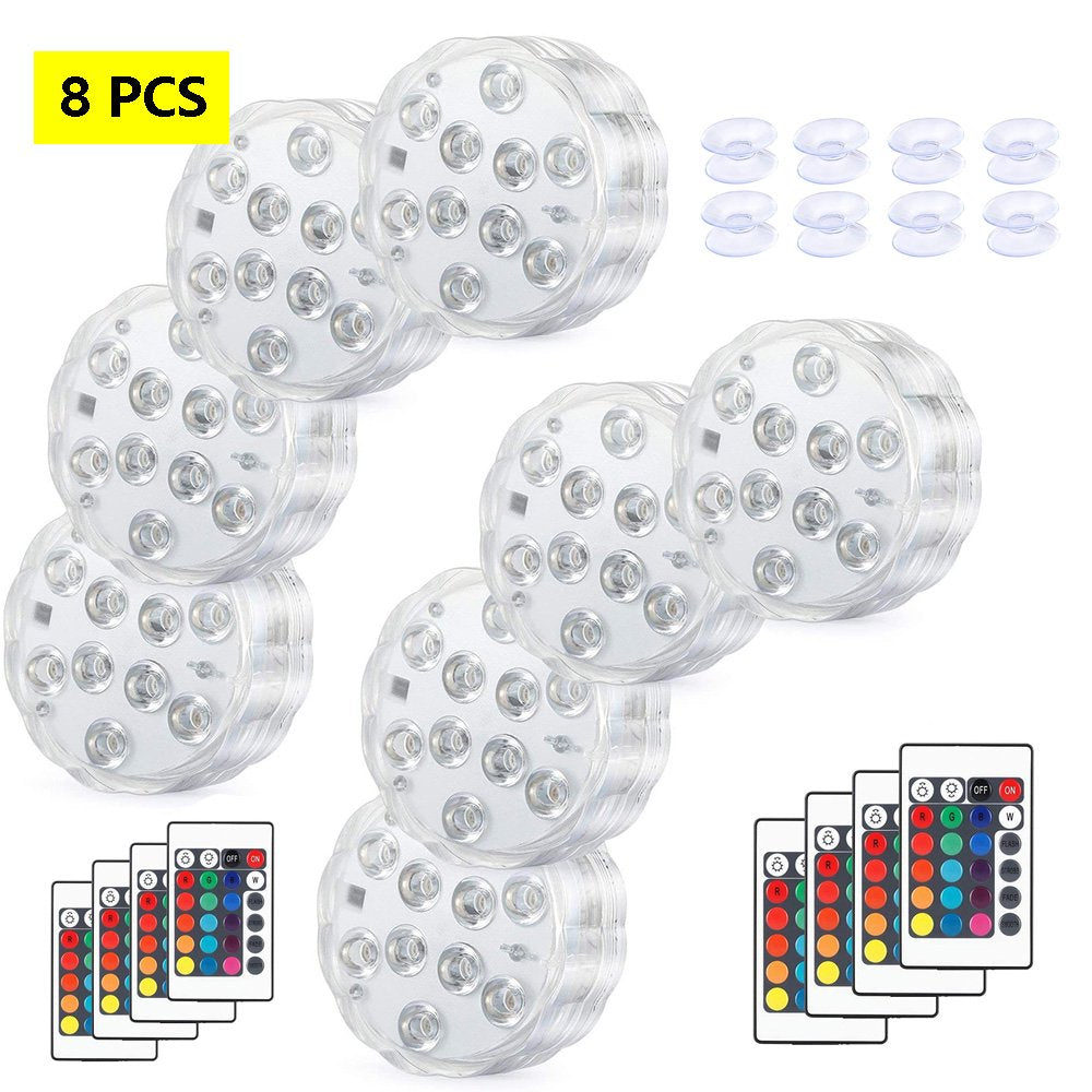 Submersible LED Lights Pond Fountain Lights Waterproof Pool Lighting Underwater LED Lights with Remote and Suction Cups for Aquarium Vase Wedding Halloween Decor, 4PCS Animals & Pet Supplies > Pet Supplies > Fish Supplies > Aquarium Lighting HUA TRADE 8 Pack