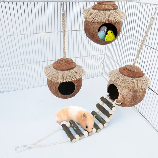 AURORA TRADE Coconut Bird Nest Hut Pet Hideout With/Without Ladder for Parrots Parakeet Conures Cockatiel - Small Animals House Pet Cage Habitats Decor Animals & Pet Supplies > Pet Supplies > Small Animal Supplies > Small Animal Habitats & Cages AURORA TRADE with Hanging Rope  