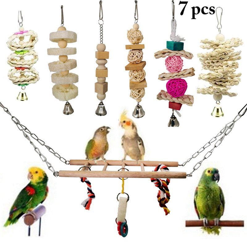 Bangcool 7PCS Bird Toy Set Hanging Wood Parrot Perch Finch Ladder Bird Chew Toy with Bell Animals & Pet Supplies > Pet Supplies > Bird Supplies > Bird Ladders & Perches Bangcool