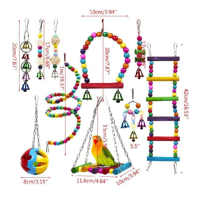 DOYOUNG 10Pcs Wooden Parrot Ladders Hammock Bird Cage Swing Perch Stand Hanging Chew Ball Bell Puzzle Toys for Small Parrots Conures Love Birds Animals & Pet Supplies > Pet Supplies > Bird Supplies > Bird Ladders & Perches DOYOUNG