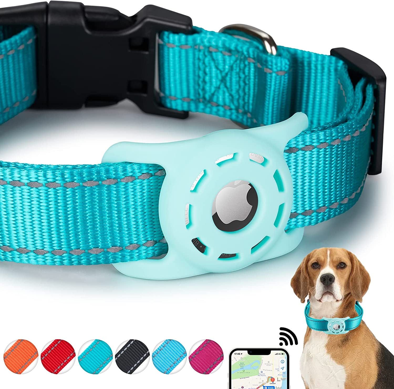 KONITY Reflective Airtag Dog Collar, Compatible with Apple Airtag, Nylon Pet Cat Puppy Collar with Silicone Airtag Holder for Small Medium Large Dogs Electronics > GPS Accessories > GPS Cases Konity TEAL L: 14.2"-23.6" neck 