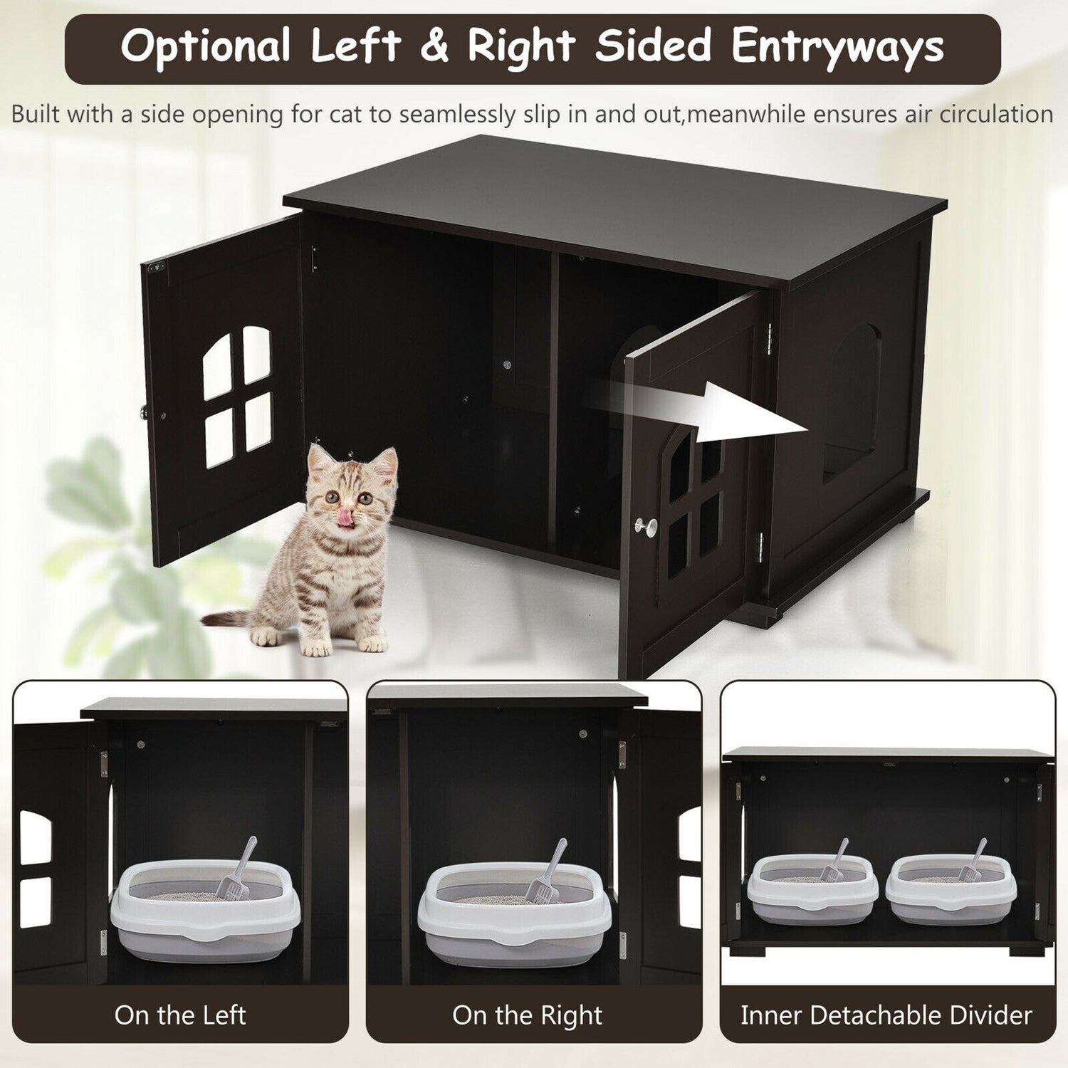 Gymax Large Wooden Cat Litter Box Enclosure Hidden Cat Washroom W/ Divider Coffee Animals & Pet Supplies > Pet Supplies > Cat Supplies > Cat Furniture Gymax   