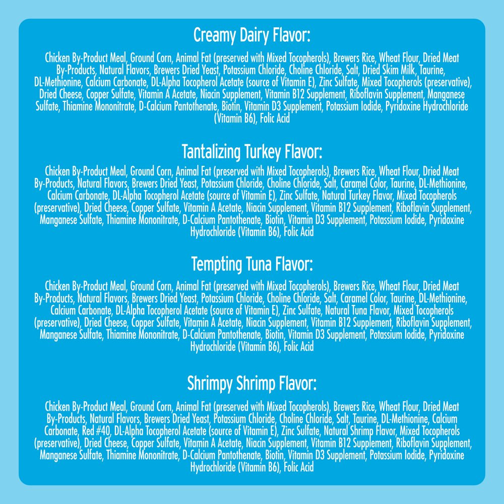 TEMPTATIONS Classic, Crunchy and Soft Cat Treats Variety Pack, Creamy Dairy Flavor, Tempting Tuna Flavor, Shrimpy Shrimp Flavor, and Tantalizing Turkey Flavor, (6) 6.3 Oz. Pouches Animals & Pet Supplies > Pet Supplies > Cat Supplies > Cat Treats Mars Petcare