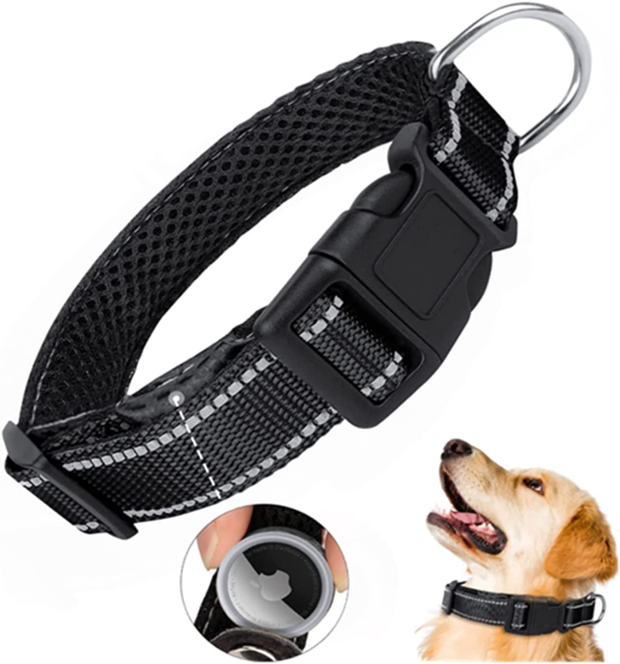 Reflective Airtag Dog Collar, Breathable Pink Nylon Dog Collar with Airtag Holder, the Waterproof Dog Collar Airtag, Dog Tracking Collar, Adjustable Airtag Accessories Dog Collar for Medieum Dogs Electronics > GPS Accessories > GPS Cases Simket Black Large