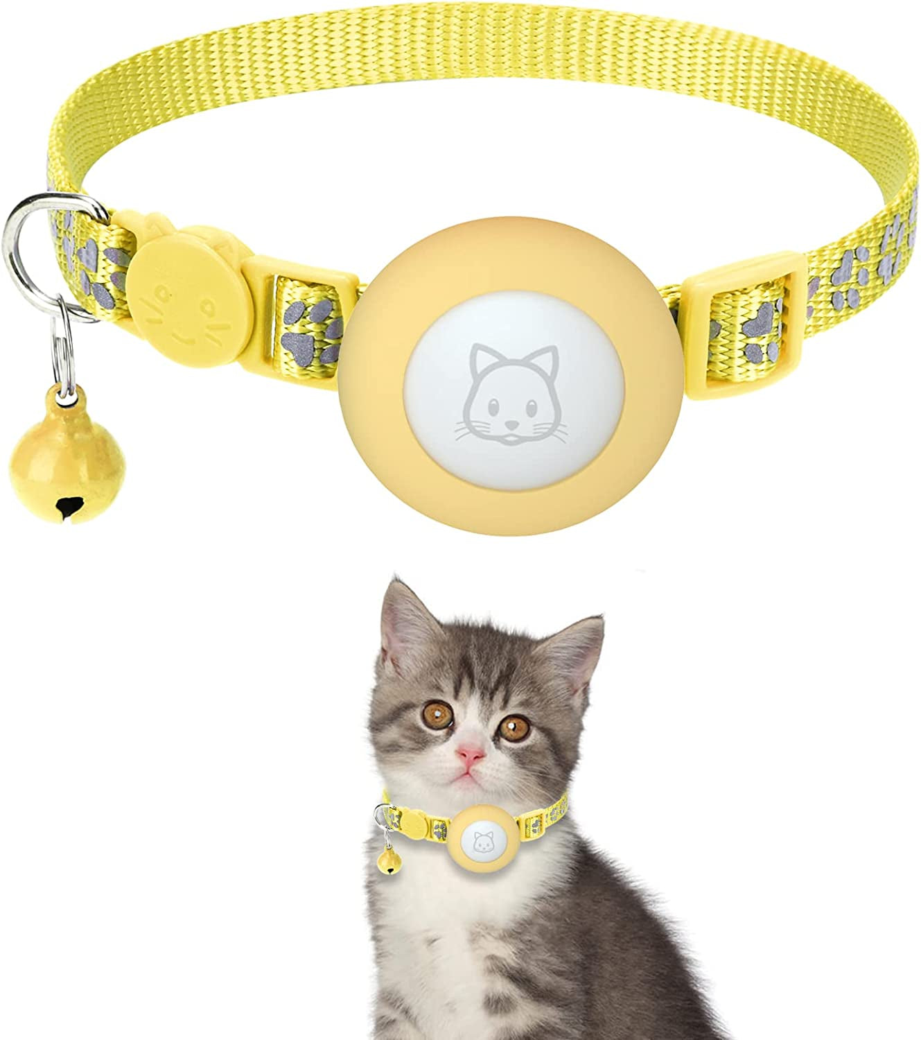 Airtag Cat Collar with Breakaway Bell, Reflective Paw Pattern Strap with Air Tag Case for Cat Kitten and Extra Small Dog (Pink) Electronics > GPS Accessories > GPS Cases Kuaguozhe Yellow  