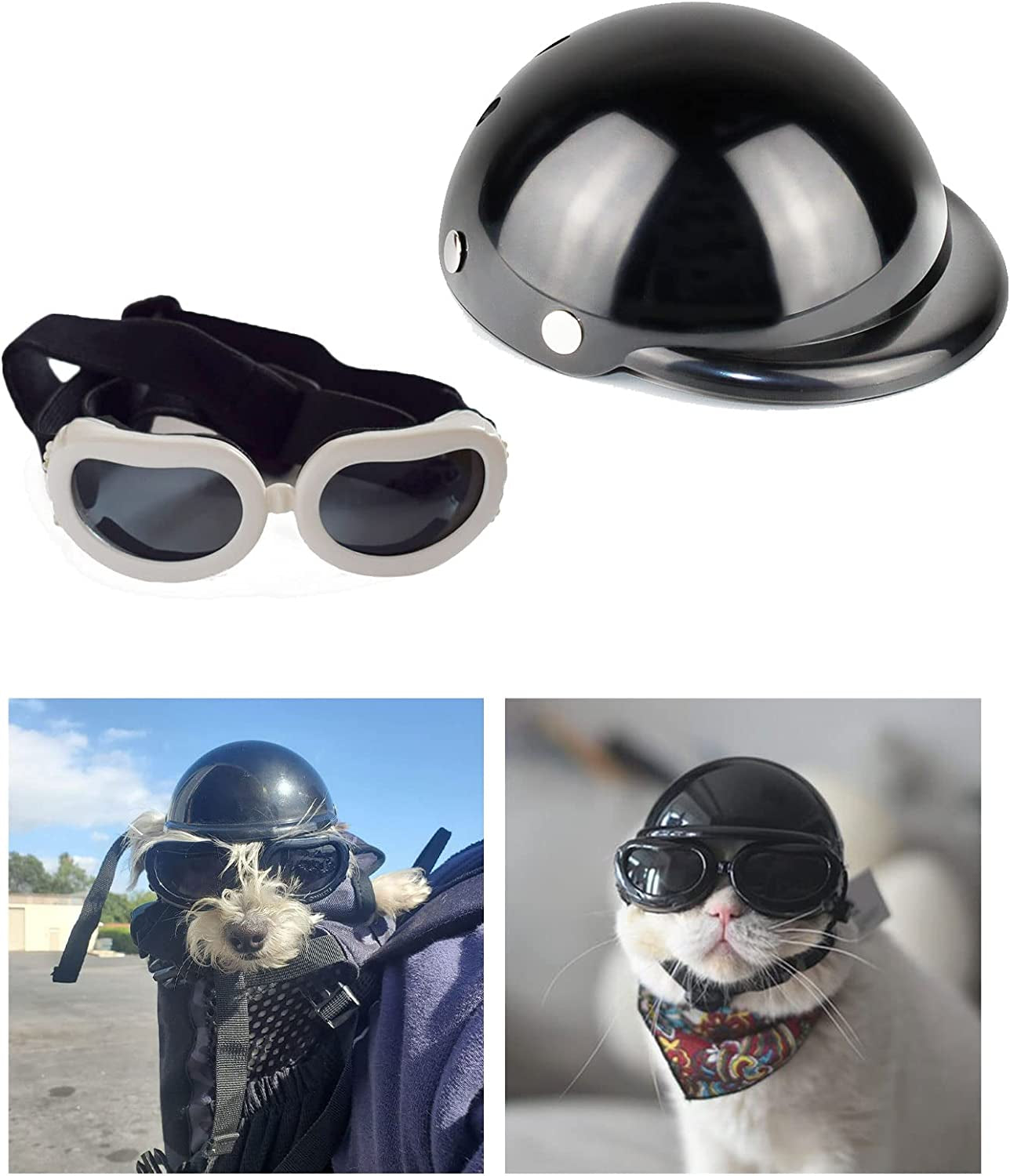 Small Dog Helmet&Goggles, Suitable for Cats & Small Dogs, Dog Cat Safety Riding Cap, a Cool Costume for Pets, Sunglasses with Adjustable Strap and UV Cut (Small, Yellow) Animals & Pet Supplies > Pet Supplies > Dog Supplies > Dog Apparel Lmaray WHITE Small