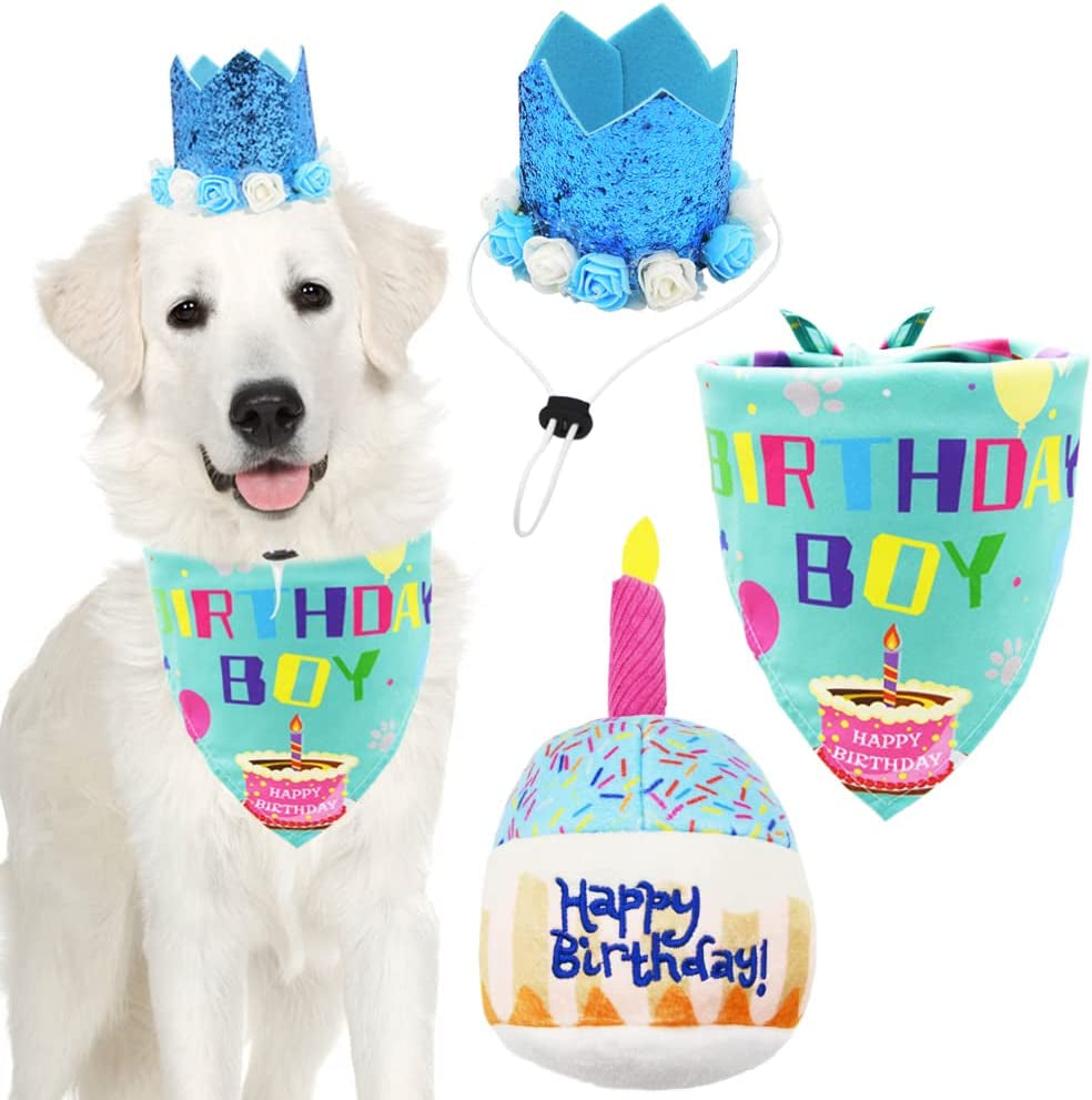 Dog Birthday Bandana Boy Scarf and Crown Dog Birthday Hat, Flower Headwear for Medium to Large Dogs Blue Animals & Pet Supplies > Pet Supplies > Dog Supplies > Dog Apparel Barleygoo Blue Birthday Boy with Toy