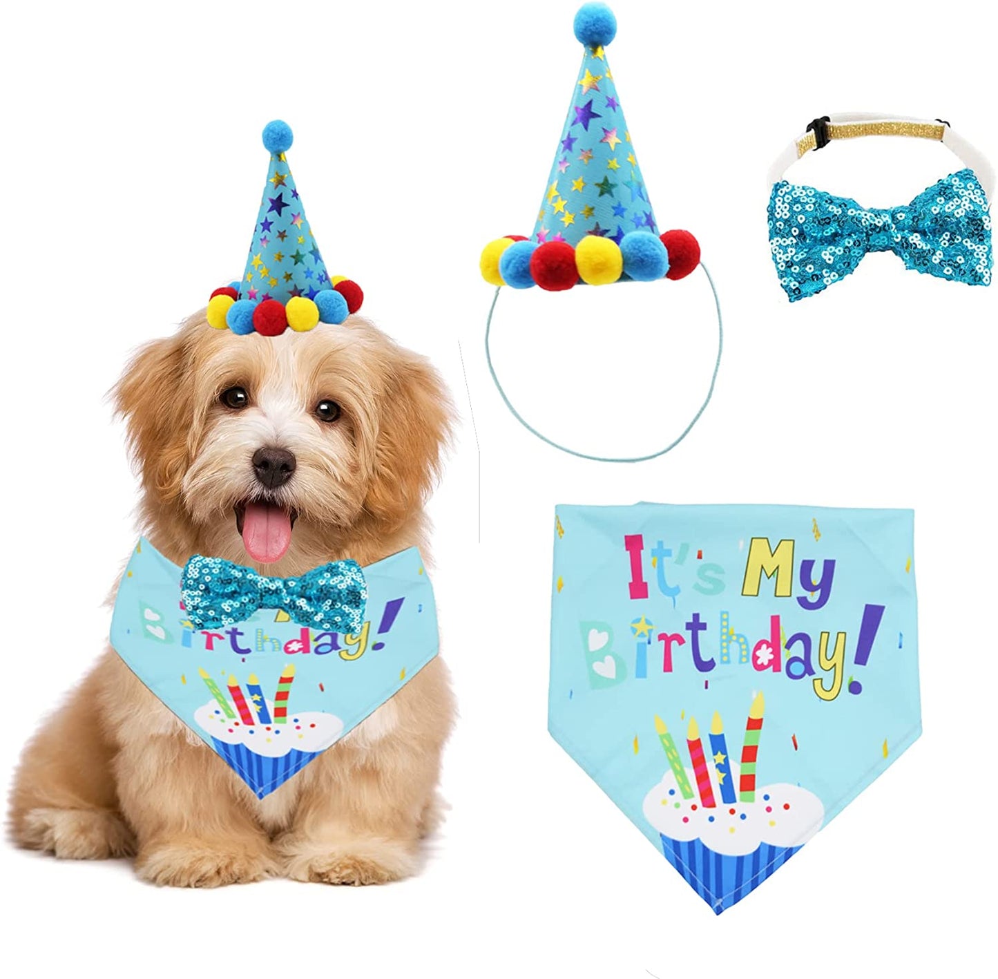 ADOGGYGO Dog Birthday Bandana Scarf and Dog Girl Boy Birthday Party Hat with Cute Dog Bow Tie for Small Medium Large Dog Pet (Large, Blue) Animals & Pet Supplies > Pet Supplies > Dog Supplies > Dog Apparel ADOGGYGO Blue Small