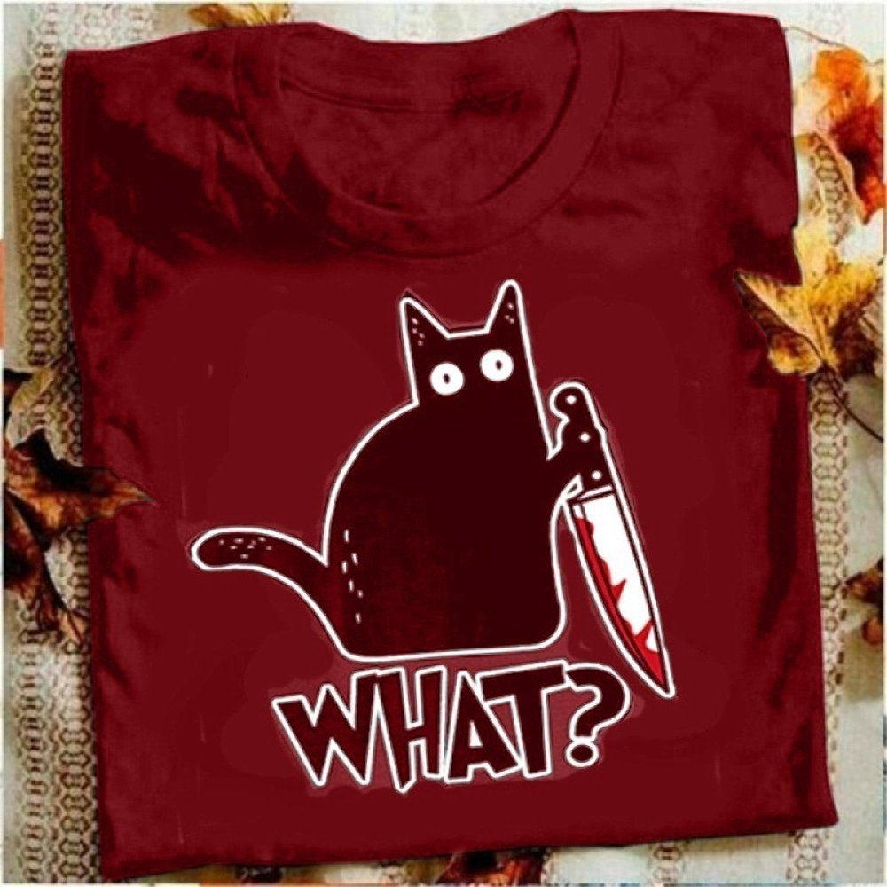 NGMQ Women Cat Printed Funny Short Sleeve T Shirt Halloween Gift Shirt Animals & Pet Supplies > Pet Supplies > Cat Supplies > Cat Apparel NGMQ Wine Red S