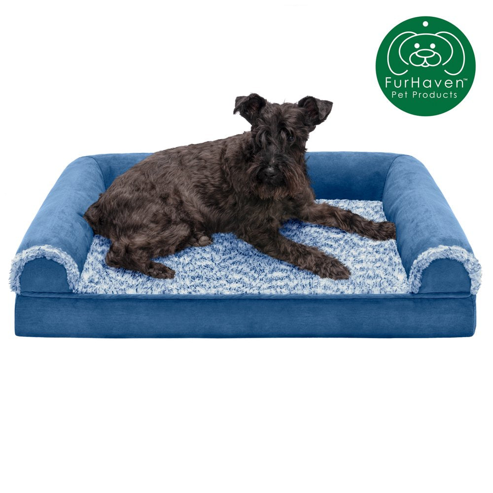 Furhaven Pet Products | Full Support Orthopedic Two-Tone Faux Fur & Suede Sofa Pet Bed for Dogs & Cats, Stone Gray, Jumbo Animals & Pet Supplies > Pet Supplies > Cat Supplies > Cat Beds FurHaven Pet M Marine Blue