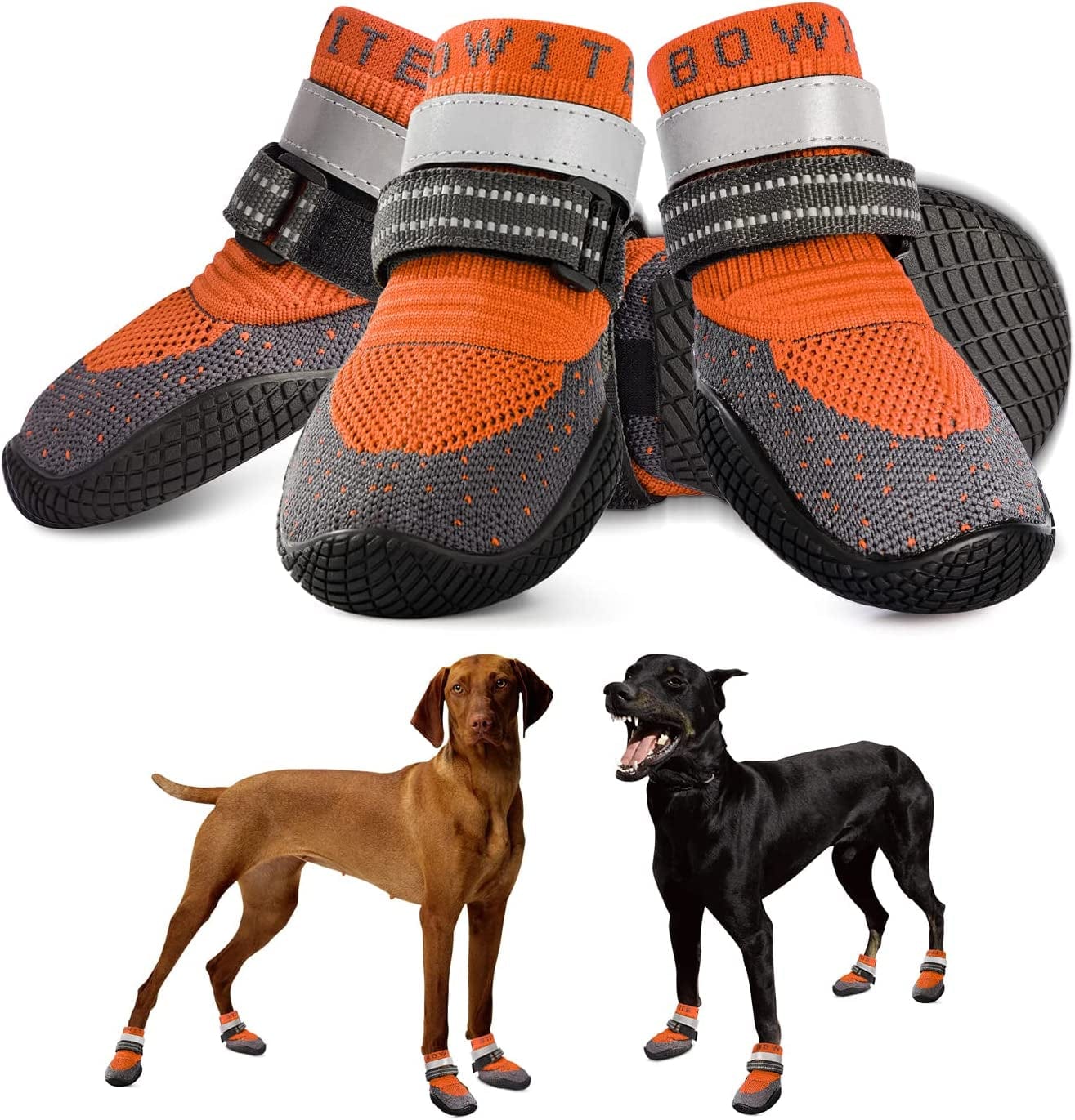 Dog Boots & Paw Protectors, Dog Shoes for Hot Pavement, Bowite Summer Winter Breathable Lightweight Fly Knit Dog Booties with Reflective Strips for Small Medium Large Dogs 4Pcs/Set(Black,#2) Animals & Pet Supplies > Pet Supplies > Dog Supplies > Dog Apparel Bowite Orange Size 3: Width 1.97'' (Pack of 4)