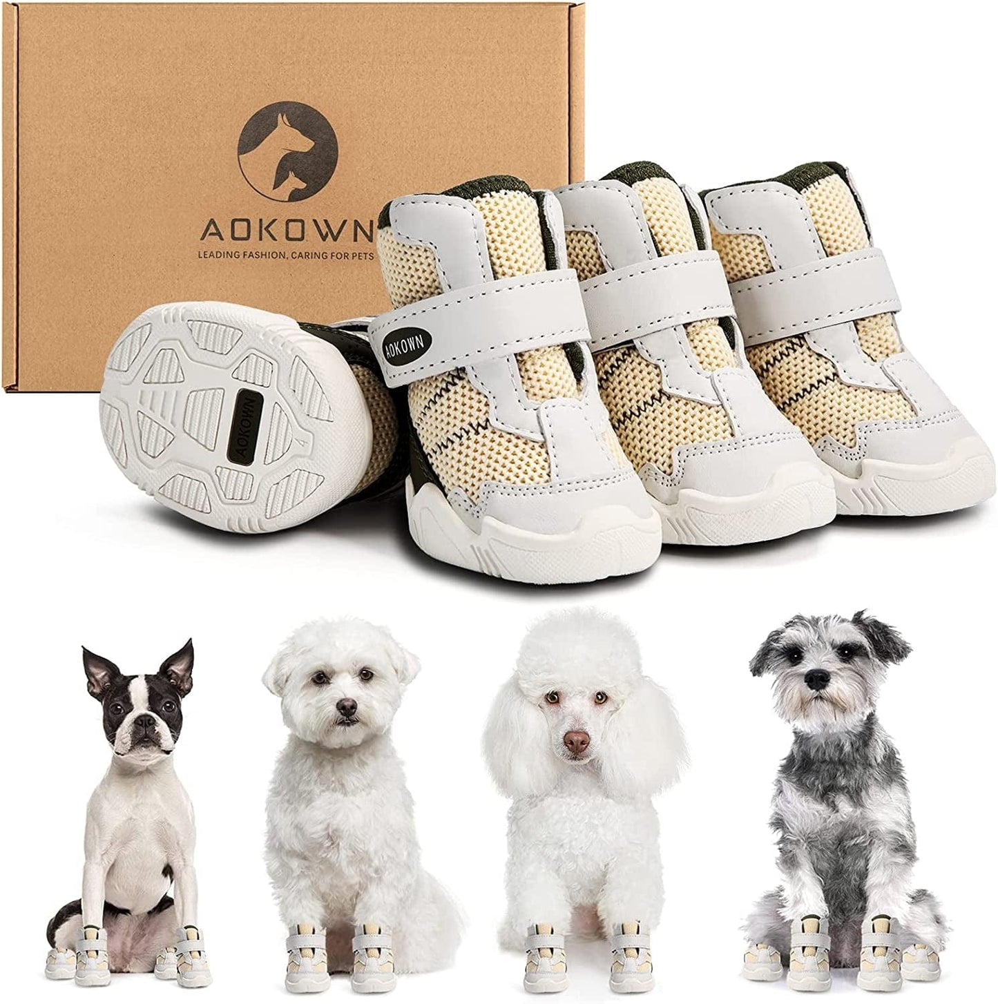 Dog Shoes for Small Medium Large Dogs Boots for Winter Snow Hot Pavement, Breathable Dog Sneakers, Dog Booties Paw Protectors for Hiking and Running with Reflective Strip Anti-Slip Sole 4Pcs Animals & Pet Supplies > Pet Supplies > Dog Supplies > Dog Apparel AOKOWN White #4 (width 1.77 inch)