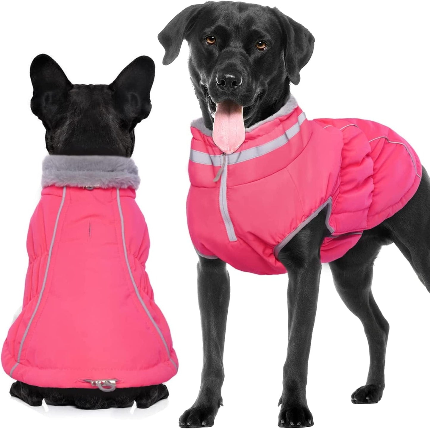 Dog Winter Coat, Pet Cold Weather Jacket with Fur Collar & Leash Hole, Extra Warm Dog Fleece Clothes Reflective Dog Vest Waterproof Puppy Apparel, Fluorescent Dog Snow Suit for Small Medium Large Dog Animals & Pet Supplies > Pet Supplies > Dog Supplies > Dog Apparel QBLEEV Bright Pink X-Large