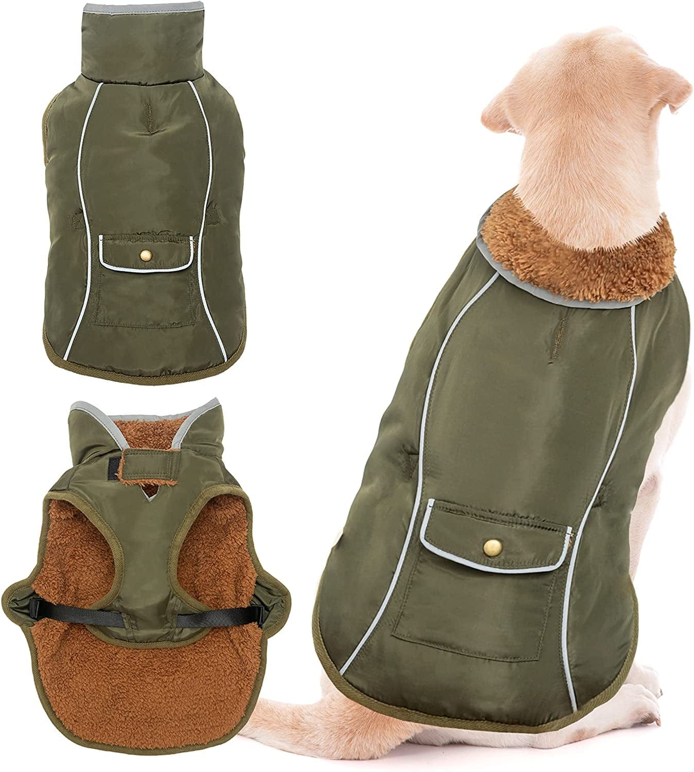 Dog Winter Coat - Warm Fleece Dog Clothes for Rain Snow Wind Cold Weather - Reflective Adjustable Cozy Waterproof Windproof Dog Vest Jacket with Leash Hole for Small Medium Large Dogs Indoor Outdoor Animals & Pet Supplies > Pet Supplies > Dog Supplies > Dog Apparel MOTZABO Green XXL (chest:30"-40" neck:23.2")
