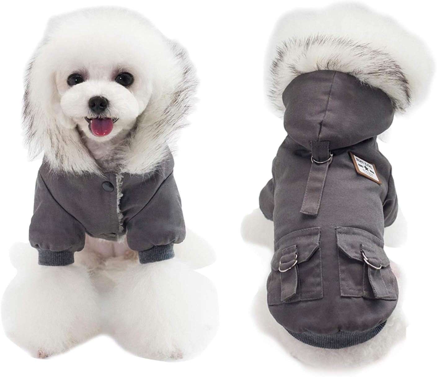 Dyaprwu Warm Dog Hooded Trench Coat Windproof Parka Jacket for Cold Weather (XXL 13.5-20Lbs, Black Grey) Animals & Pet Supplies > Pet Supplies > Dog Supplies > Dog Apparel AprilWu Black Grey XL ( Chest Girth : 18 in )