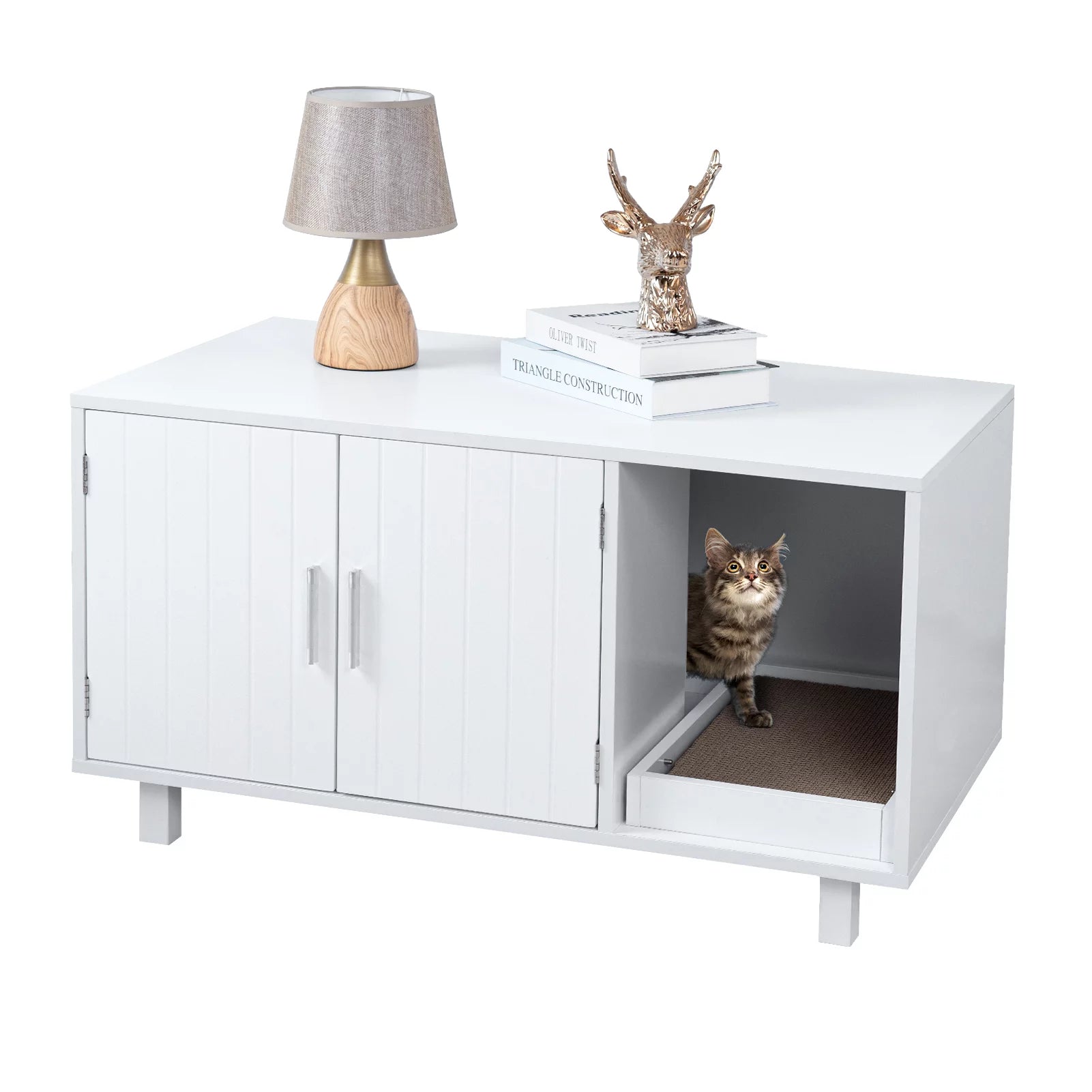  Hidden Cat Litter Box Enclosure Cat Litter Box Furniture Cat  Washroom Cat House Table Nightstand (White) : Pet Supplies