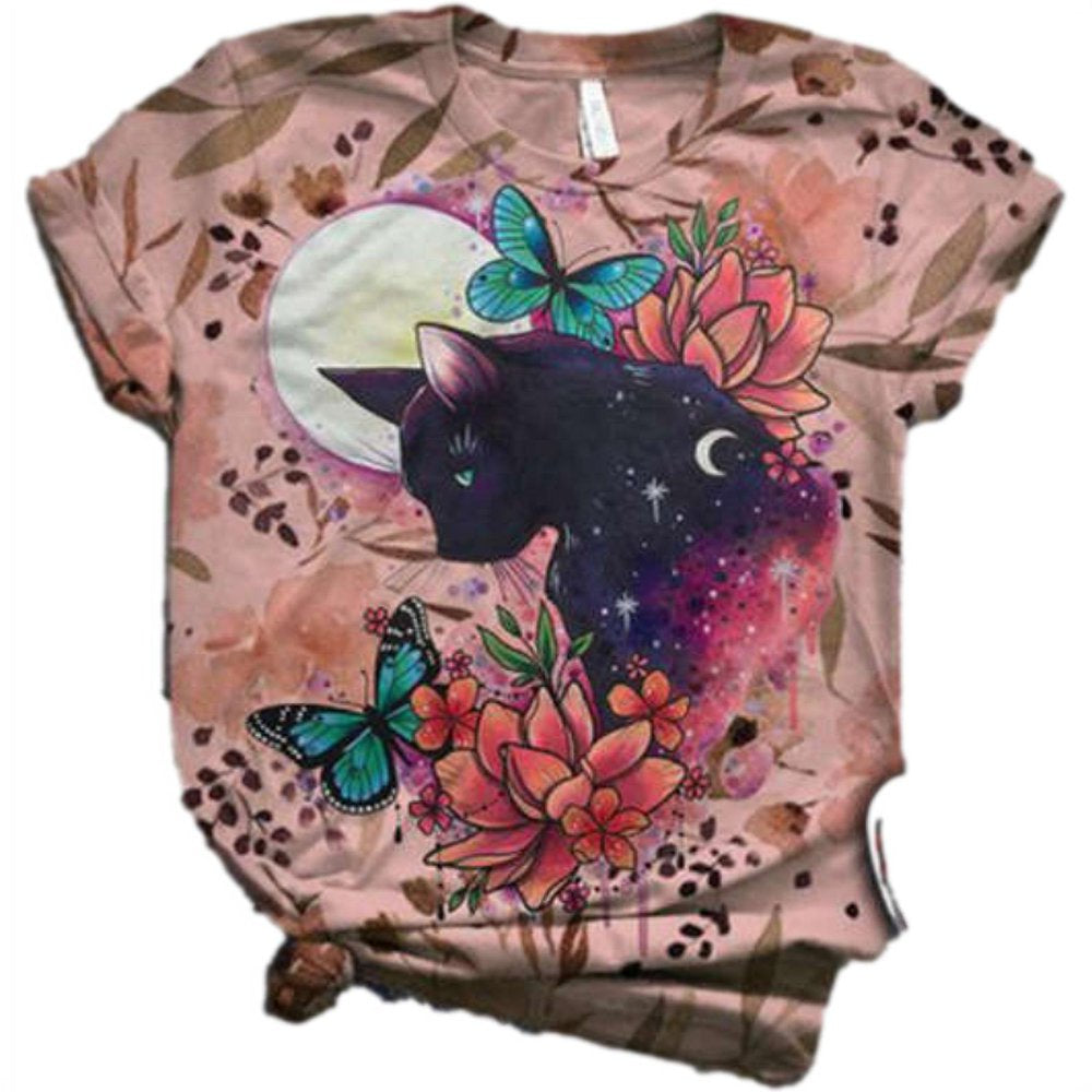 NGMQ Funny Cat Print Women Short Sleeve plus Size T-Shirt Animals & Pet Supplies > Pet Supplies > Cat Supplies > Cat Apparel NGMQ Pink S