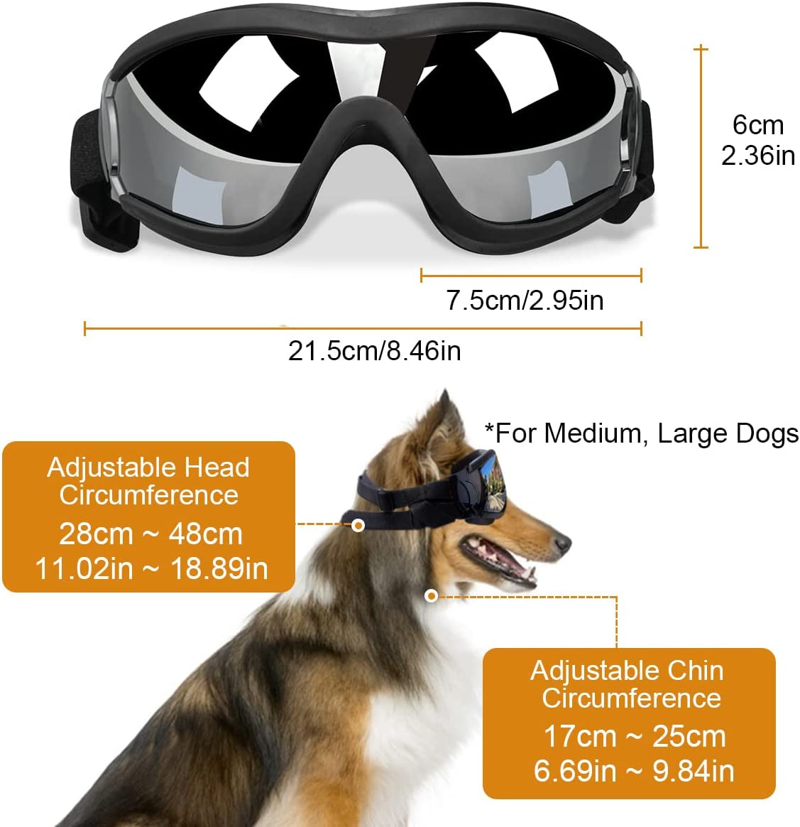 Dog Sunglasses Dog Goggles Medium Large Breed, Dog Glasses Sun Protection Windproof Waterproof Dustproof, Pet Glasses Anti-Broken Anti-Fog with Adjustable Strap for Driving Motorcycle Swimming Surfing Animals & Pet Supplies > Pet Supplies > Dog Supplies > Dog Apparel Dociote