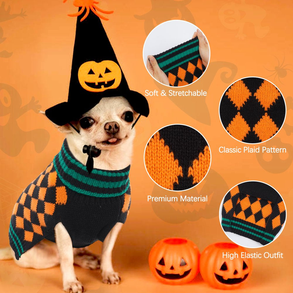 QBLEEV Pet Clothes the Halloween Orange Plaid Dog Sweater, Dog Knitwear Apparel, Pet Sweatshirt for Small and Medium Dogs Animals & Pet Supplies > Pet Supplies > Dog Supplies > Dog Apparel QBLEEV