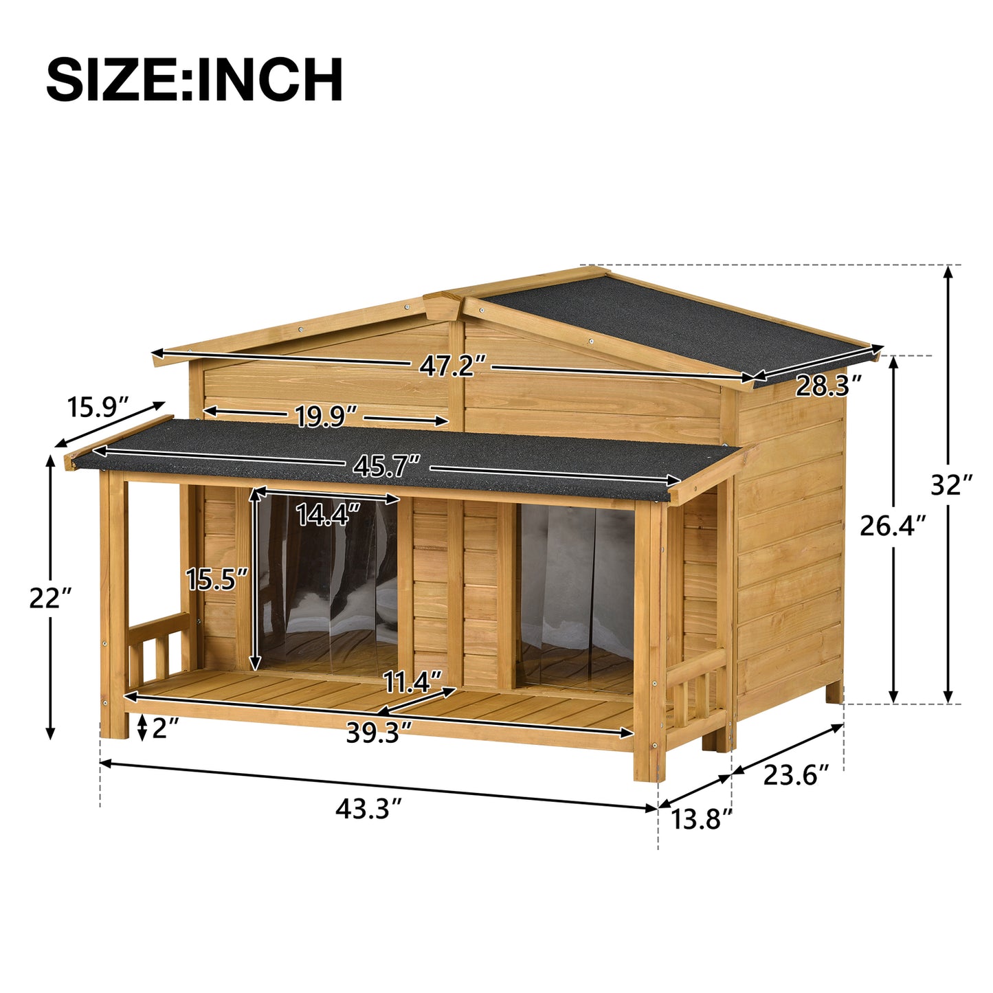 Atotoa 47.2" Large Wooden Dog House Outdoor, Outdoor & Indoor Dog Crate, Cabin Style, with Porch, 2 Doors Animals & Pet Supplies > Pet Supplies > Dog Supplies > Dog Houses Atotoa