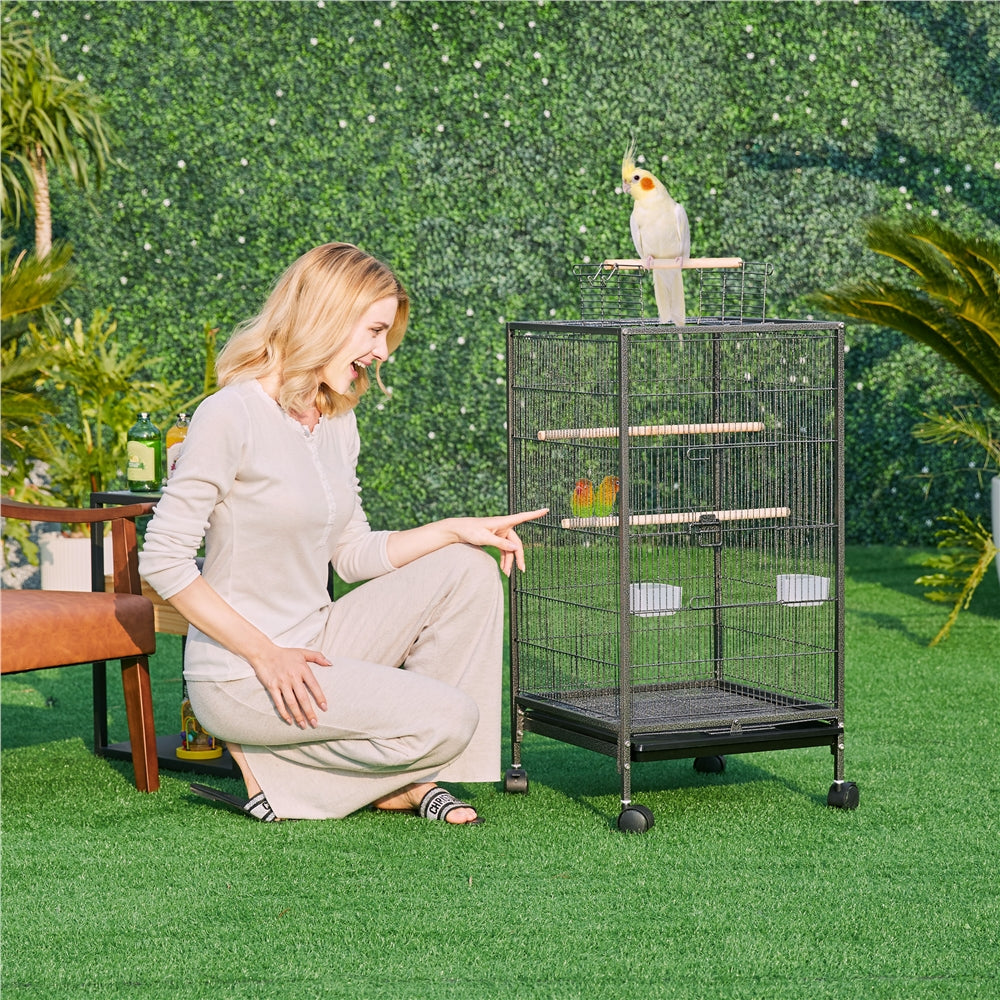 Topeakmart 40" H Wrought Iron Birdcage Open-Top Parrot Cage with Rolling Stand Black Animals & Pet Supplies > Pet Supplies > Bird Supplies > Bird Cages & Stands Topeakmart