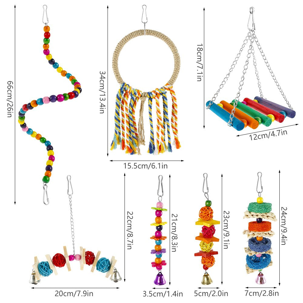 HOTBEST 7 Piece Birds Cage Swing Set, Colorful Pet Bird Cage Hammock Swing Toy Parrot Chewing Swing Hanging Perch with Bell for Parakeets, Macaws, Conures, Budgies, Lovebirds, Mynah, Finches Animals & Pet Supplies > Pet Supplies > Bird Supplies > Bird Toys HOTBEST