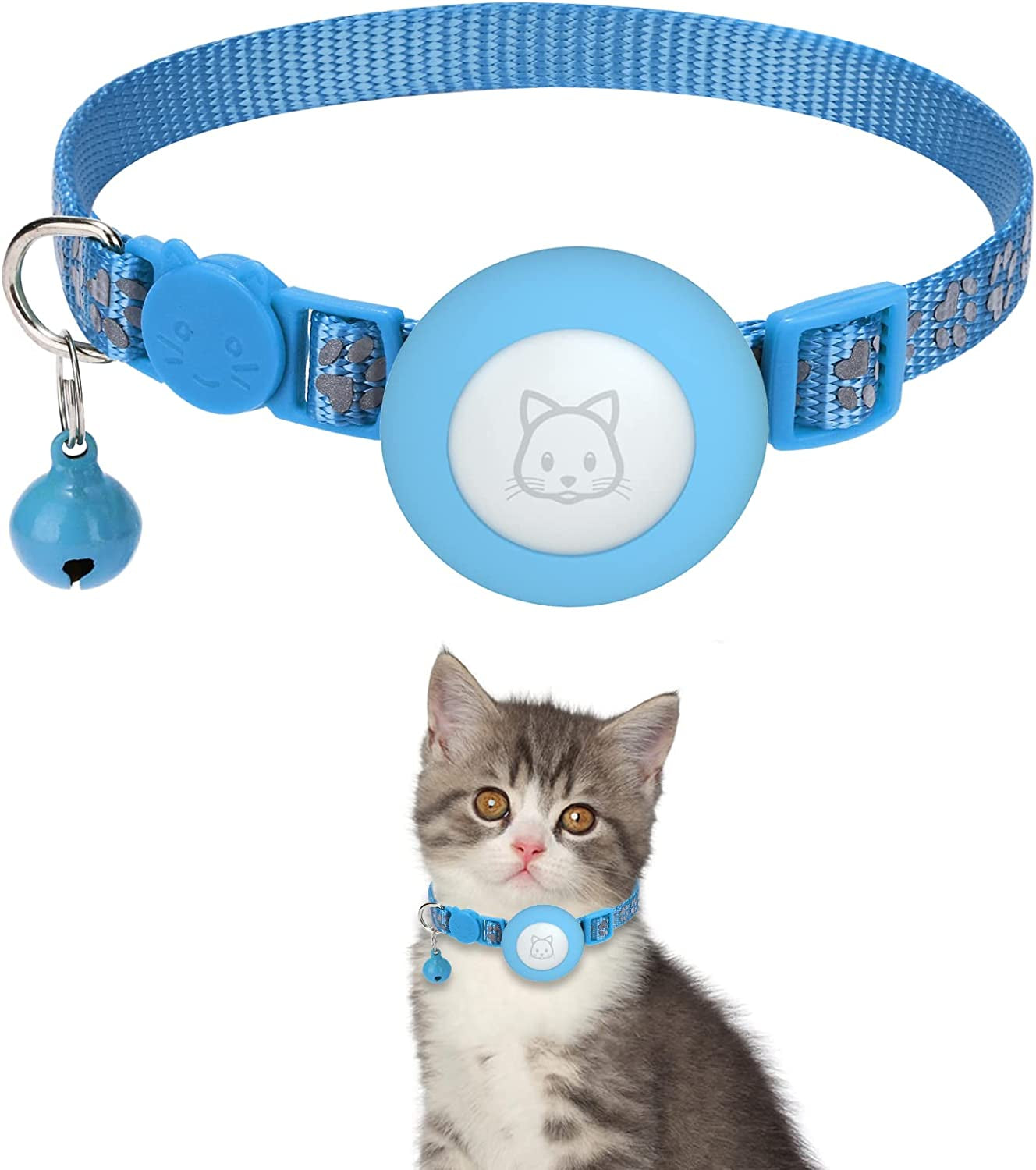 Airtag Cat Collar with Breakaway Bell, Reflective Paw Pattern Strap with Air Tag Case for Cat Kitten and Extra Small Dog (Pink) Electronics > GPS Accessories > GPS Cases Kuaguozhe Blue  