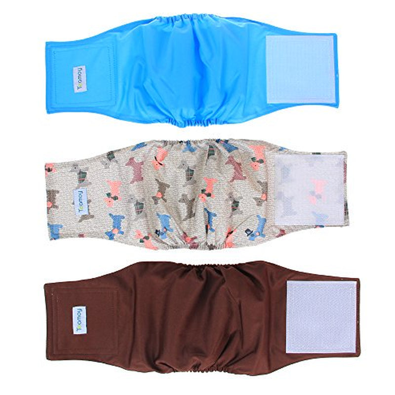 Teamoy Reusable Wrap Diapers for Male Dogs, Washable Puppy Belly Band Pack of 3 (M, 13"-16" Waist, Light Blue+ Dogs+Coffee) Animals & Pet Supplies > Pet Supplies > Dog Supplies > Dog Diaper Pads & Liners Damero INC