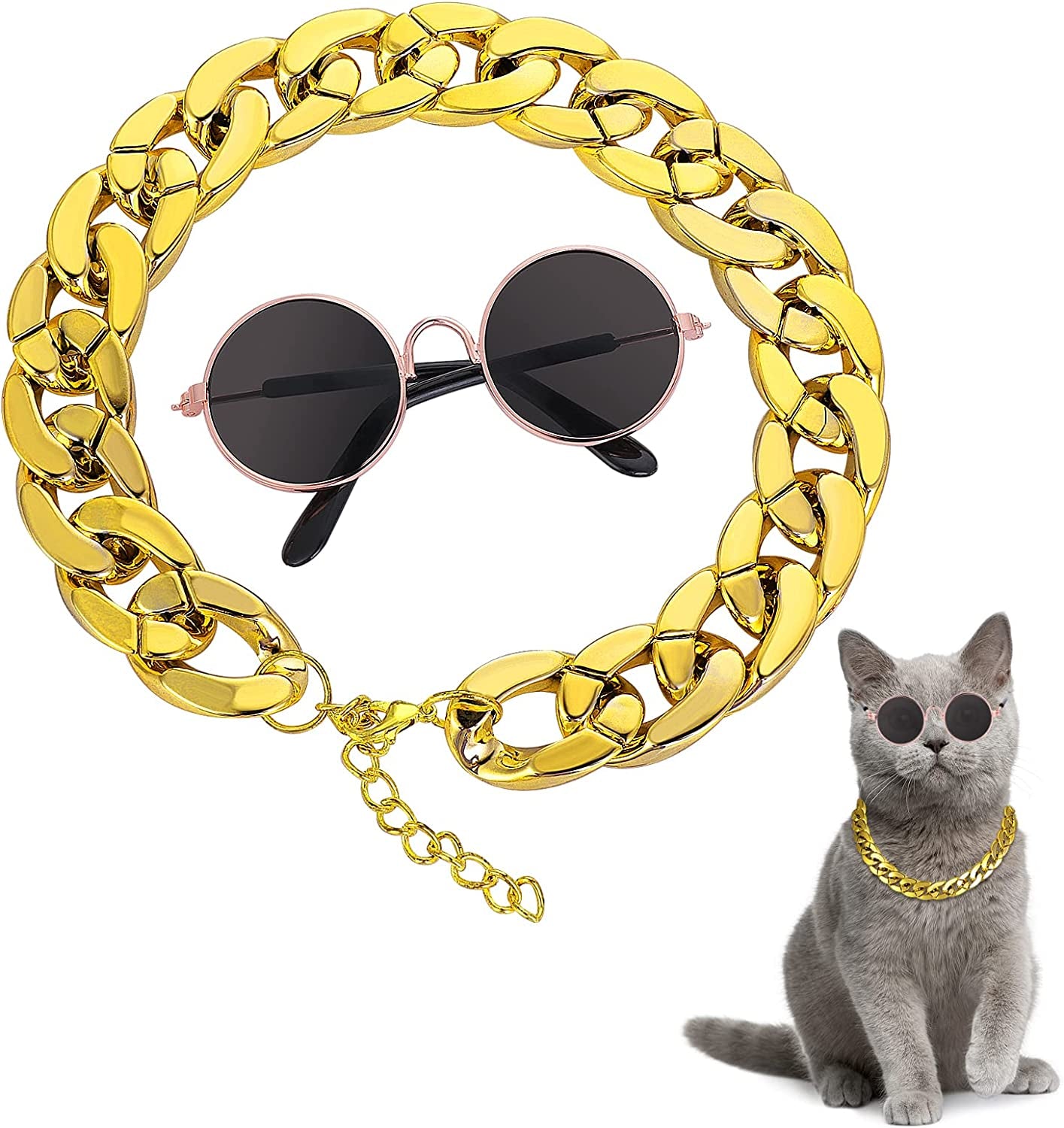 Molain Cat Sunglasses Gold Chain Costume Decorations- Cat UV Protection Classic Retro Puppy Retro Black Sunglasses Faux Rose Gold Adjustable Chain Cosplay Costume Cool Funny Photo Props Animals & Pet Supplies > Pet Supplies > Dog Supplies > Dog Apparel Molain 1 Black Sunglasses+1 Gold Chain