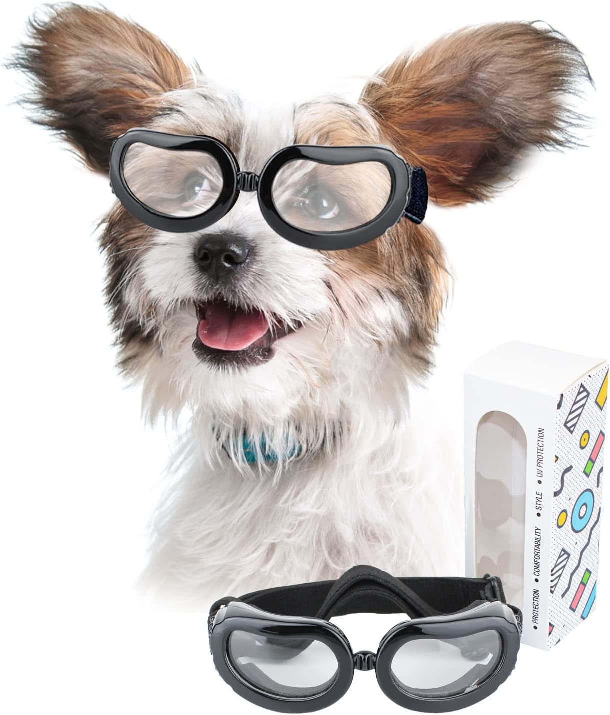 PETLESO Dog Goggles Small Breed, Dog Sunglasses Small Breed Eye Protectie Goggles for Small Dogs Outdoor Riding Driving, Black Animals & Pet Supplies > Pet Supplies > Dog Supplies > Dog Apparel PETLESO Clear